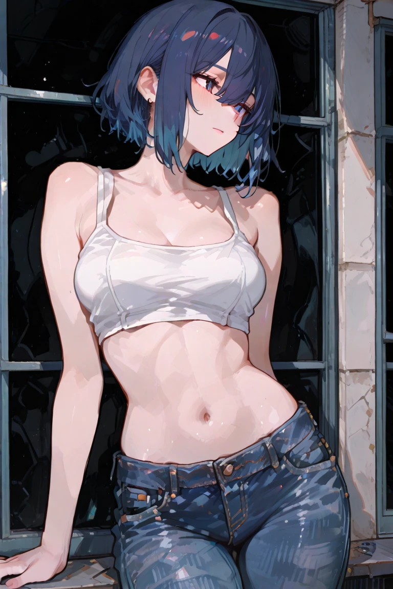((huge-chest, tomboy, small head)), daylight, sunlight, (well-defined abs: 1.1), (perfect body: 1.1), (short wavy hair: 1.2), russet hair, full-body photos, crowded streets, wearing white tank top, ((shorts)), (extremely delicate and beautiful), (masterpiece), (best quality: 1.0), (ultra-high resolution: 1.0), beautiful lighting, perfect lightning, realistic shadows, [high resolution], Delicate skin, ultra-detailed, charming smile, massive breasts, huge breasts,