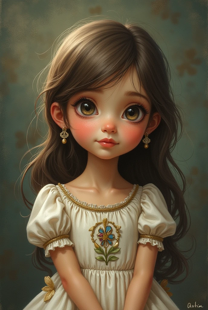 little sweet Abigail, ssmile, Strong Gothic Makeup, Headband on black hair, Big bangs to the eyes, in a classic doll dress with a corrugated hem and tulle frills, A cat's head sticks out of the pocket of his dress, Gloomy foggy atmosphere, surrealism, The absurdity of cuteness, attractiveness and rejection of extraordinary appearance, Von Tapestry ((Стиль Esao-Andrews)), ((A hyper-realistic)), Gradient by style, Complicated details, Intricate, aesthetics. Palette knife-oil painting, ((Best Quality, tmasterpiece)), (extreme hight detail), impressionism:0.2, Octane Render, 8K