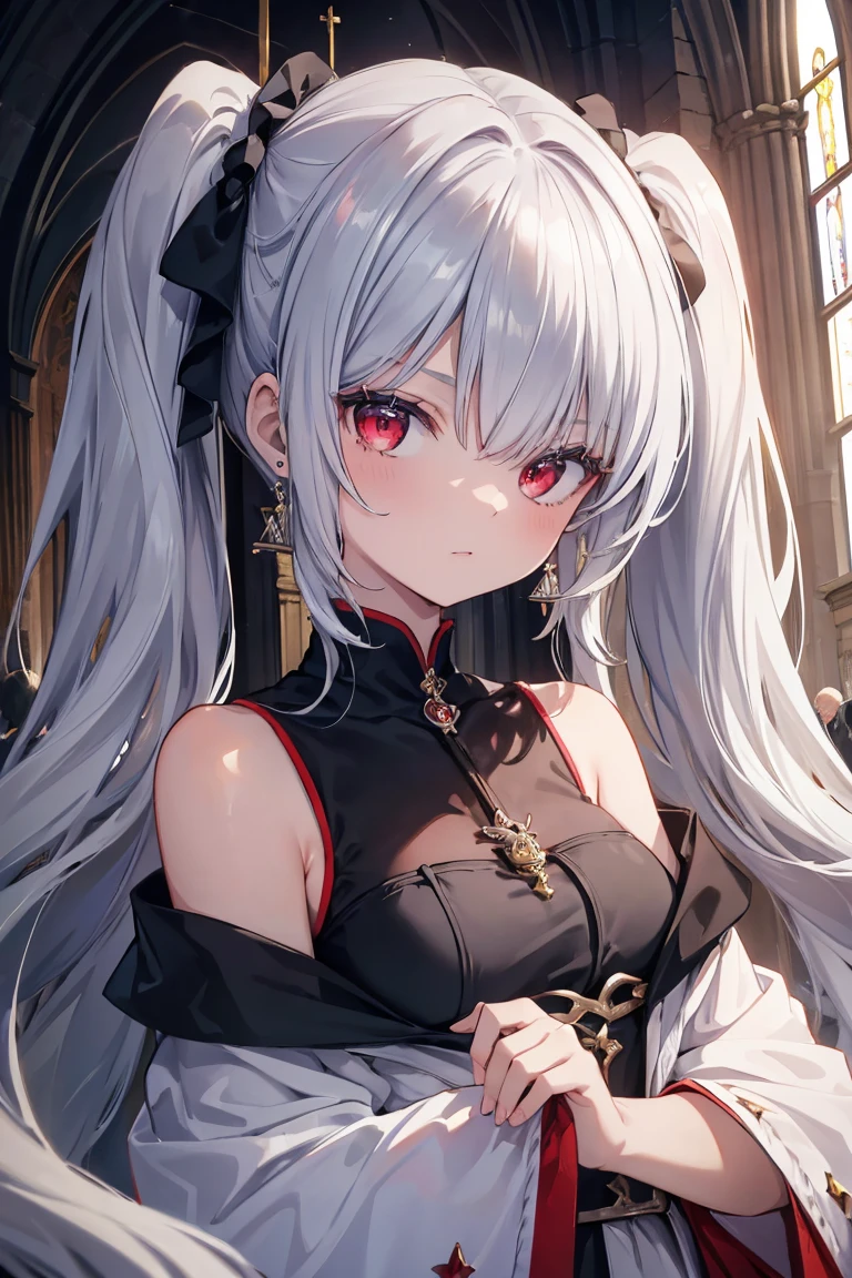 8k,High resolution RAW color art,Anime Art, (((Very detailed and cool))), Detailed skin, Blurry、texture,(Exquisitely crafted, Finer details, Ultra-detailed art), (((1 girl))), Written boundary depth, Silky to the touch, Hyper Detail, (((Cool face))), eye shadow、Silver Marble Skin, Beautiful and detailed red eyes, Beautiful lip detail, Very delicate face, Delicate depiction of hair and eyes, Delicate fashion, Full body description、Long silver hair、Red Eyeaid clothes、Inside the house、A subtle piece、Standing posture