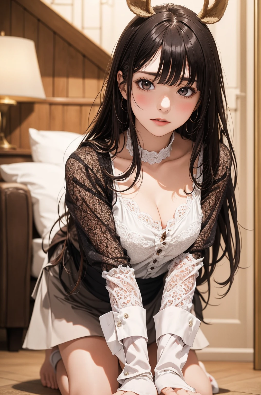 (masutepiece: 1.3), (max resolution: 1.2), (Ultra HDTV: 1.2), cinematric light, Ultra HDTV, (Detailed eyes and skin), (detailed facial features), nffsw, 8K resolution, Sharp Focus: 1.2, Perfect Style, Beautiful face, Perfect body, acurate, Anatomically correct, Highly detailed face and skin texture, Detailed eyes, Dark-blue eyes, Double eyelids, Thin eyebrows, Glitter Eyeliner: 1.2, Natural cheeks, Glossy skin, Fair skin: 1.2, shiny little necklace and earrings, (Glossy lips: 1.4), BREAK, One-person viewpoint, (She is a very cute female teacher), (Pink lace bra, Pink lace panties), (Seductive smile: 1.2), ((a Innocent and cute girl:1.3)), (Long Wave Hair), (ligh brown hair:1.2), (Cowboy Shot: 1.2), BREAK, ((Very intimate relationships: 1.2)), medium large breasts, ((Looking at Viewer:1.2)), ((In a hotel bed:1.2)), ((Bend your knees and open your legs wide:1.2)), (From Side:1.2),low angle shot,FULL BODYSHOT Black jacket Sweaters Beige pleated skirt
