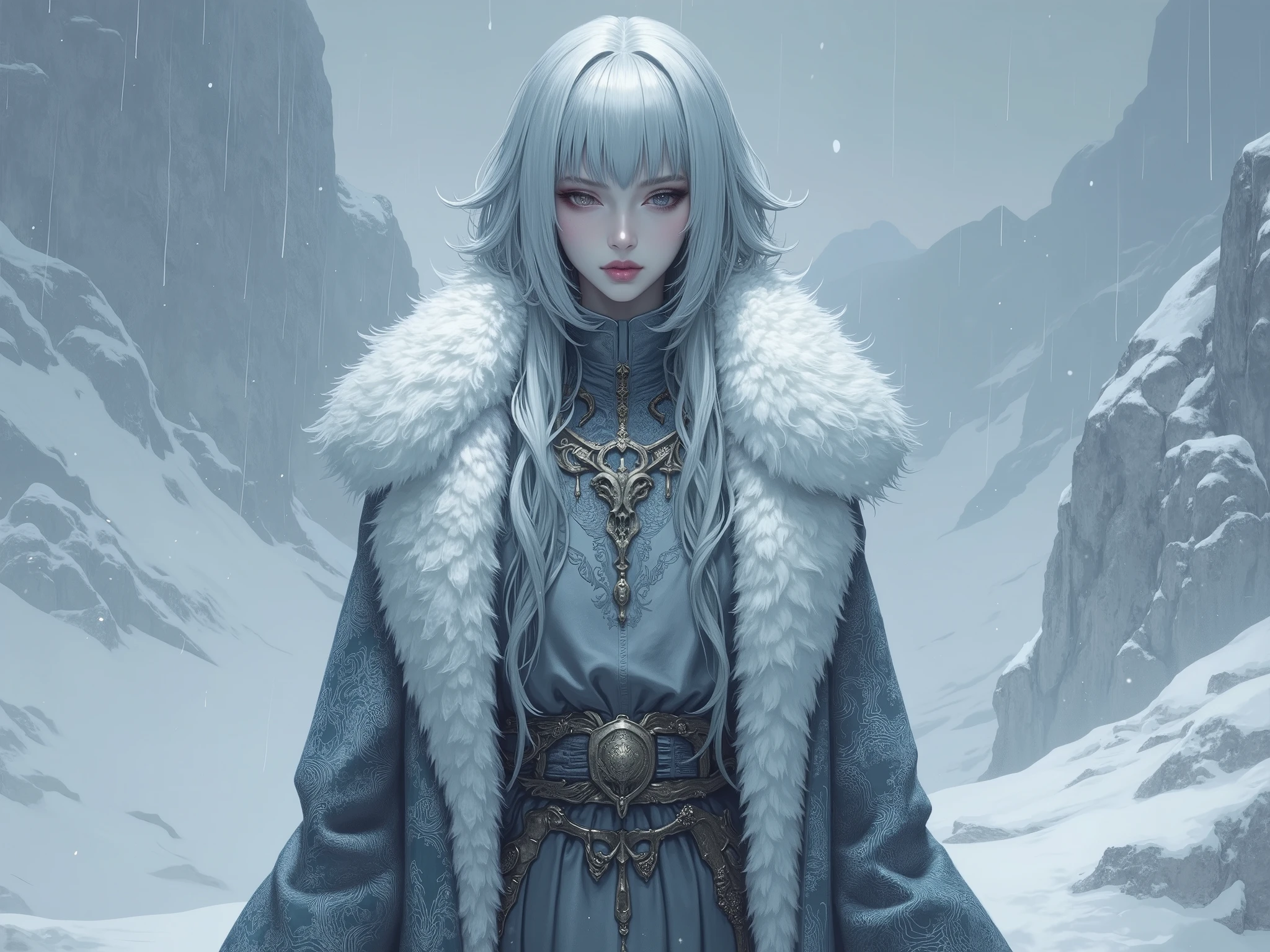 (masterpiece, best quality, ultra-detailed, professional illustration), a full body shot of an elegant female Ascetics with a solemn and sacred temperament, standing in a vast, snowy mountain landscape during a heavy snowfall. She has exquisite facial features, a calm and peaceful expression, short silver-gray hair with thick, long side-swept bangs covering the right half of her face. She is wearing a fantasy-style, floor-length, gray-blue robe, layered with a thick, luxurious white fur coat. The long sleeves are intricately embroidered with patterns of animal skeletons. (fantasy character art, concept art, cinematic lighting, epic composition, beautiful and detailed, perfect anatomy, five fingers).