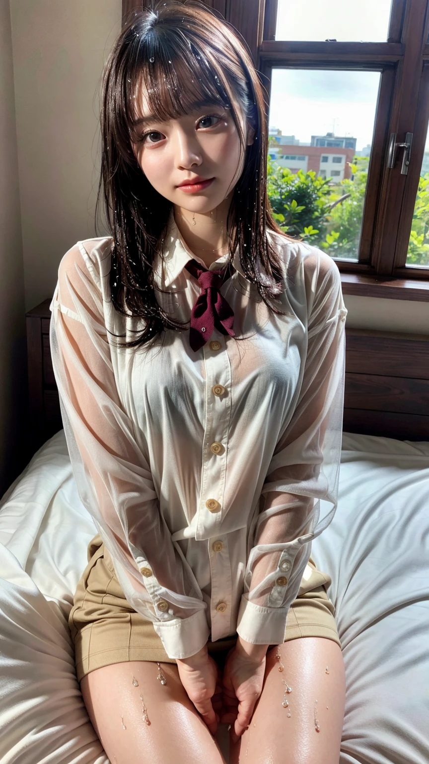 masterpiece, best quality, illustration, Super detailed, fine details, High resolution, 8K,wall paper, perfect dynamic composition,(Details High quality, realistic depiction of eyes:1.3), (3 girls), (white school shirt :1.2), (plaid skirt :1.3), tie black, black thigh-high stockings, sitting, open legs, short bob hair, in a hotel room in the background, deep on field, large breasts, black hair color, Big Natural Color Lip, (perfect body shape), crying a little、Harajuku style、20 year old girl、cute type、beautiful legs, Gravure Idol