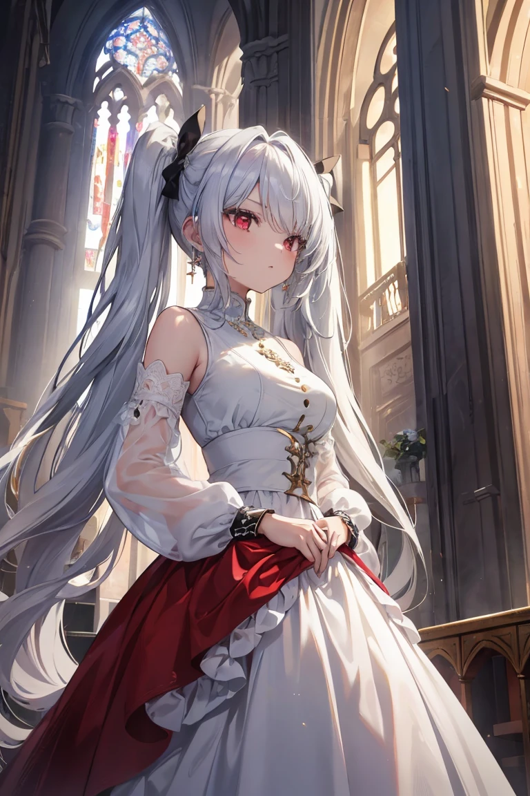 (best quality:1.1), (Masterpiece:1.2), lady, Shiny white hair, red eyes, long hair, ใบหน้าbeautiful, luxary dress, Big breasts, beautiful, collarbone, open chest, Bright face, Royal high, hall background, เครื่องประดับหรูหรา ((Highest quality, Best Performance, Maximum details, Light and shadow details:1.2, 4k details))