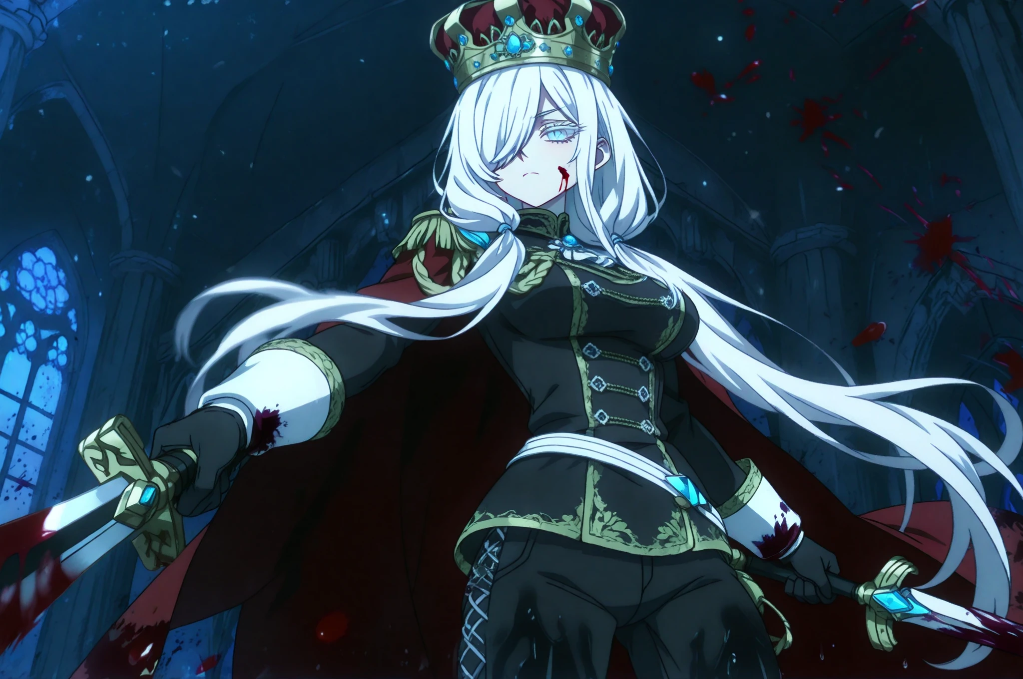 masterpiece, best quality, amazing quality, absurdres, 8k, exquisite details, very detailed, illustration, newest, delicate skin texture, detailed eyelashes, digital painting style, dark atmosphere, slight glow, soft lighting, korean art, cold colors, anime screencap, anime coloring, 1girl, Gojo Monika, white hair, very long hair, hair over right eye, one eye covered, blue eyes, colored eyelashes, white eyelashes, long eyelashes, , petite, curvy, very cute, low twintails, hair over shoulder, royal clothes, male fantasy clothes, fantasy fashion, intricate clothes, intricate accessories, intricate ornaments, intricate patterns, cool, stylish, elegant, crown, gold trims, aiguillette, black gloves, red cape, black top, black pants, solo, glowing eyes, closed mouth, cold eyes, blood on face, blood on weapon, holding sword, (dynamic pose), fighting stance, pose, ((from below)), (from side:0.5), ((dynamic shot, dynamic view, dynamic composition, foreshortening)), (blood, blood splatter:1.5), ((wet lens)), indoors, night, castle interior, dark, black theme, light particles, fantasy, magical, blurry foreground,