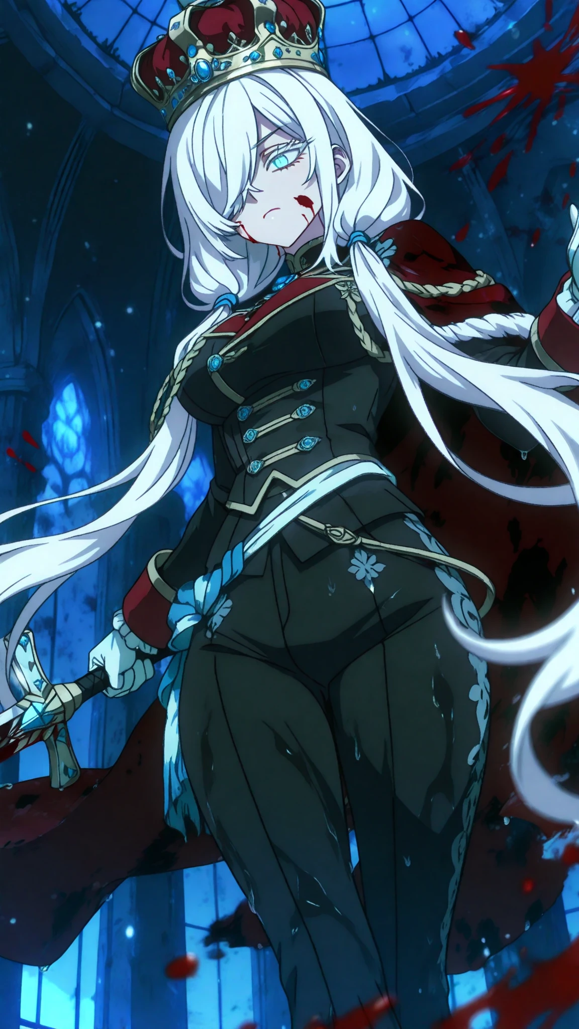 masterpiece, best quality, amazing quality, absurdres, 8k, exquisite details, very detailed, illustration, newest, delicate skin texture, detailed eyelashes, digital painting style, dark atmosphere, slight glow, soft lighting, korean art, cold colors, anime screencap, anime coloring, 1girl, Gojo Monika, white hair, very long hair, hair over right eye, one eye covered, blue eyes, colored eyelashes, white eyelashes, long eyelashes, , petite, curvy, very cute, low twintails, hair over shoulder, royal clothes, male fantasy clothes, fantasy fashion, intricate clothes, intricate accessories, intricate ornaments, intricate patterns, cool, stylish, elegant, crown, gold trims, aiguillette, black gloves, red cape, black top, black pants, solo, glowing eyes, closed mouth, cold eyes, blood on face, blood on weapon, holding sword, (dynamic pose), fighting stance, pose, ((from below)), (from side:0.5), ((dynamic shot, dynamic view, dynamic composition, foreshortening)), (blood, blood splatter:1.5), ((wet lens)), indoors, night, castle interior, dark, black theme, light particles, fantasy, magical, blurry foreground,