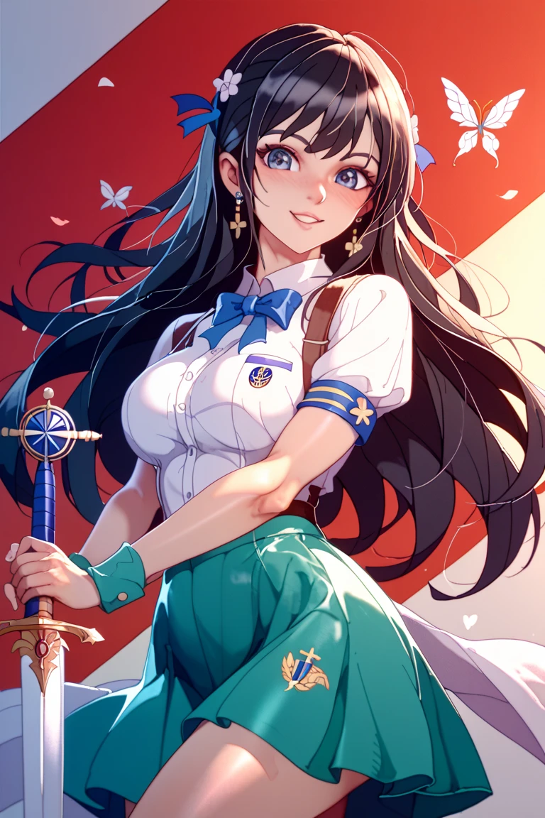 Demon Slayer anime style Black hair female persona, long bangs, with two small pigtails on each side and a red ribbon on both. Your face is tiring, You notice slight dark circles under your eyes, He has a mole on the bottom of his left eye.. He has a navy blue uniform with an open front., his sleeves rolled up to the elbow, a white belt where there are small bags hanging from it, She wears a long blue skirt with lace at the end. On both arms she wears bandages and on her legs she wears lime green stockings with lace at the beginning., He is wearing lime green Japanese flip flops.. He has two black katanas on his back.. And a green butterfly pin in her bangs on the right side.
