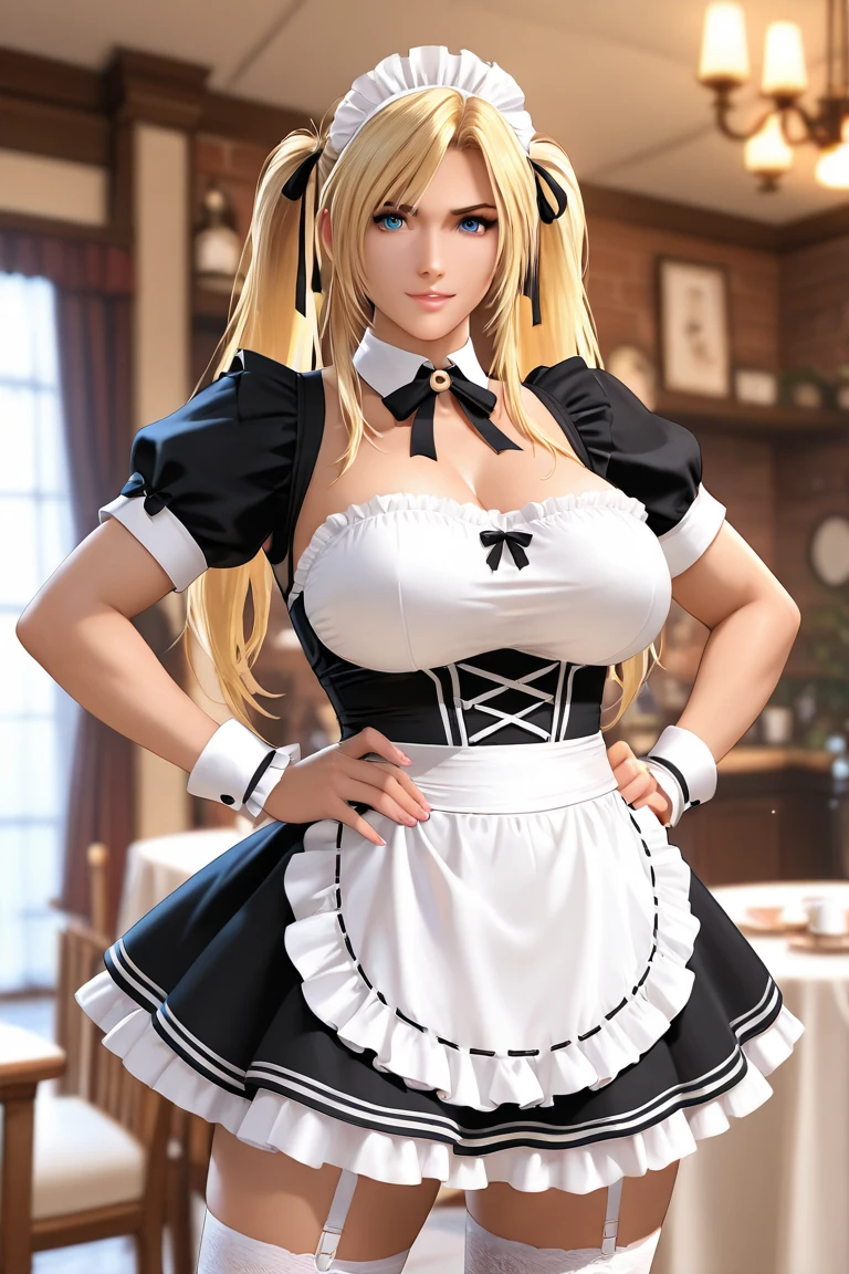 (masterpiece, best quality, hires, high resolution:1.2, 4k, 8k , high quality), extremely detailed, realistic, intricate details, highres, 1girl, solo, (large breasts, thick thighs, wide hips), arched back,(cinematic lighting, sunlight, perfect lighting, backlighting), eye-level shot, extreme close-up-shot, looking at viewer,
 <lora:[LoRa] Aegir (iron blood's dragon maid) Azur lane Clothing (With multires noise version):0.8> outfit-dragonmaid