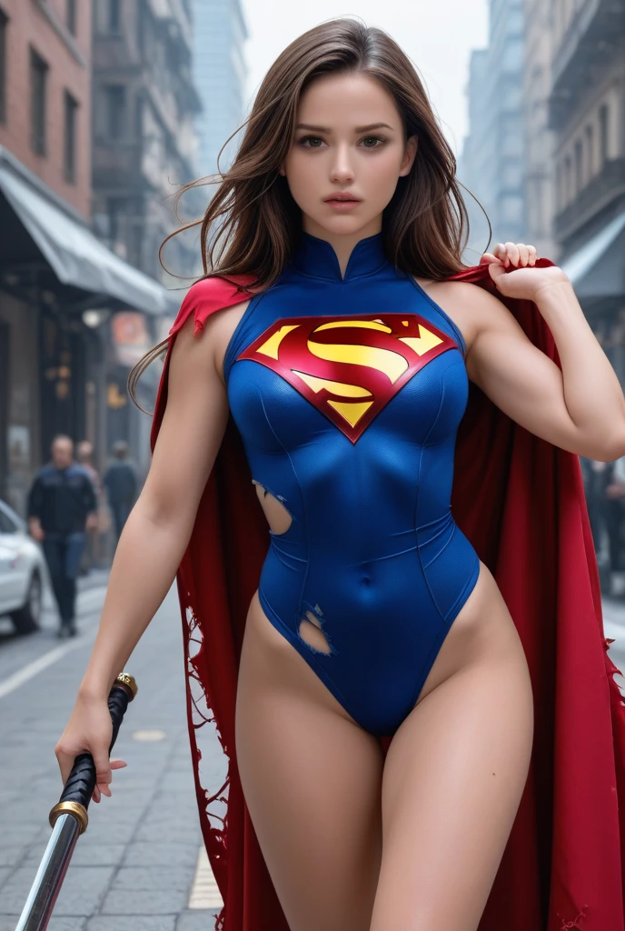 Uma mulher com uma fantasia de Superman posando na rua, Supergirl, superhero body, super-hero girl, Gal Gadot como Supergirl, cosplay completo, super hero pose, super hero, pose do super-homem, cosplay profissional, Super Modelo, Superheroíne, Modelo IG | Artgerm, super foto realista, foto cosplay, hybrid of gal gadot, Cosplayer