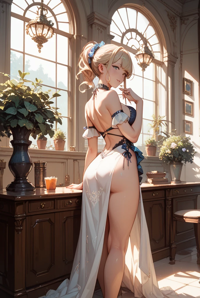 (1girl), (masterpiece), (best quality), ((looking at the viewer)), (((takes to highlight her beautiful figure))), (((takes from the thighs to the head)), ((facing the viewer)),((blue eyes)), ((White hair)), (((looks back)))
A stunningly beautiful young woman with hair as white as snow and deep blue eyes like sapphires gazes gracefully out of her window upon waking. Her figure is slender and elegant, adorned in a delicate, exquisite nightgown of white silk embellished with lace that accentuates her flawless skin under the soft morning light. She holds a teacup with grace, while the first rays of the sun illuminate her angelic face, reflecting an aura of serenity and tranquility.