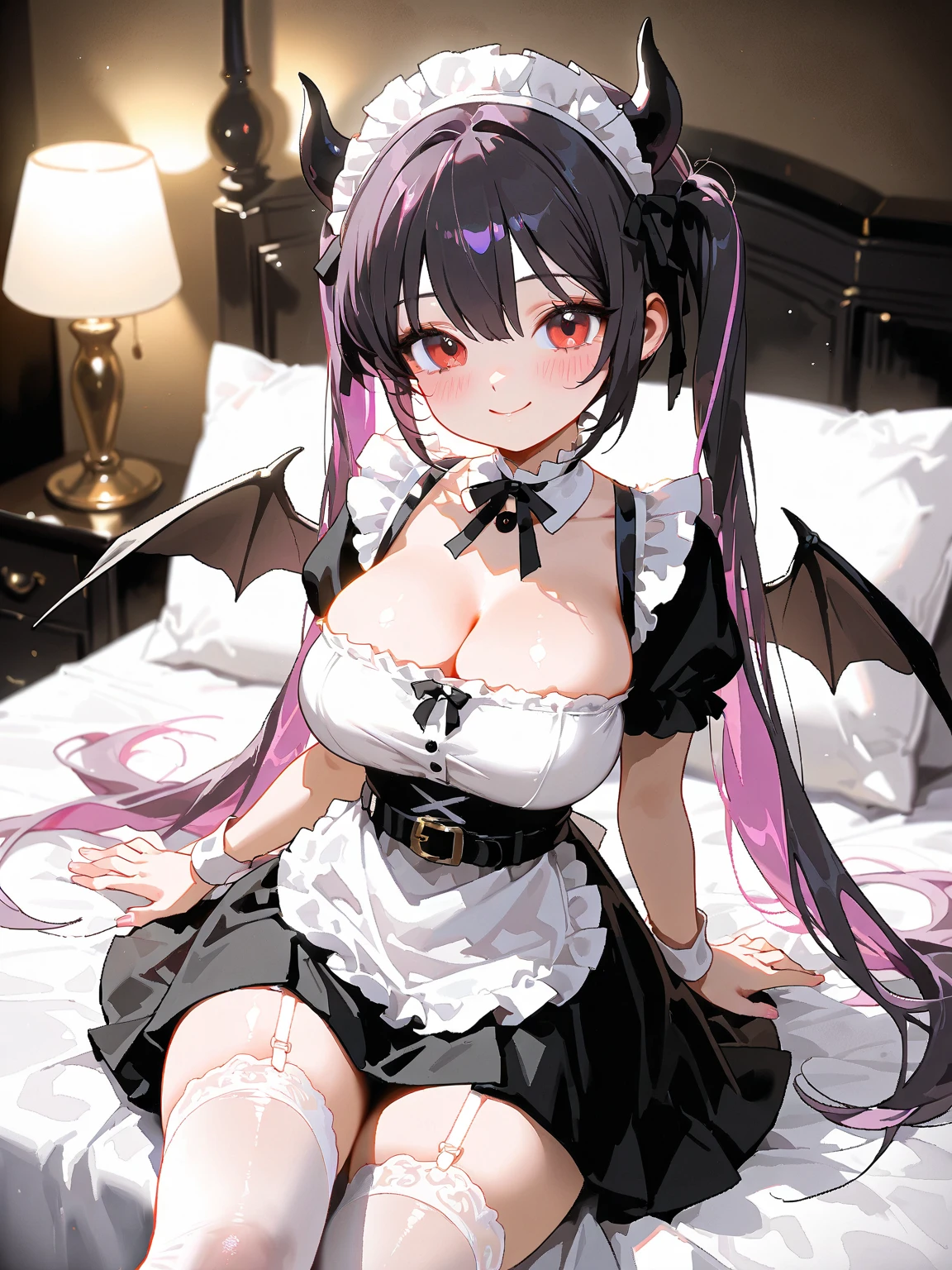 10th Generation,A beautiful woman,Beautiful breasts,Moe,Succubus,bat wings on the back,,Goat horns on the sides of the head,Black front tie bikini top,Ruffled apron dress,Headdress,Maid,Black knee socks