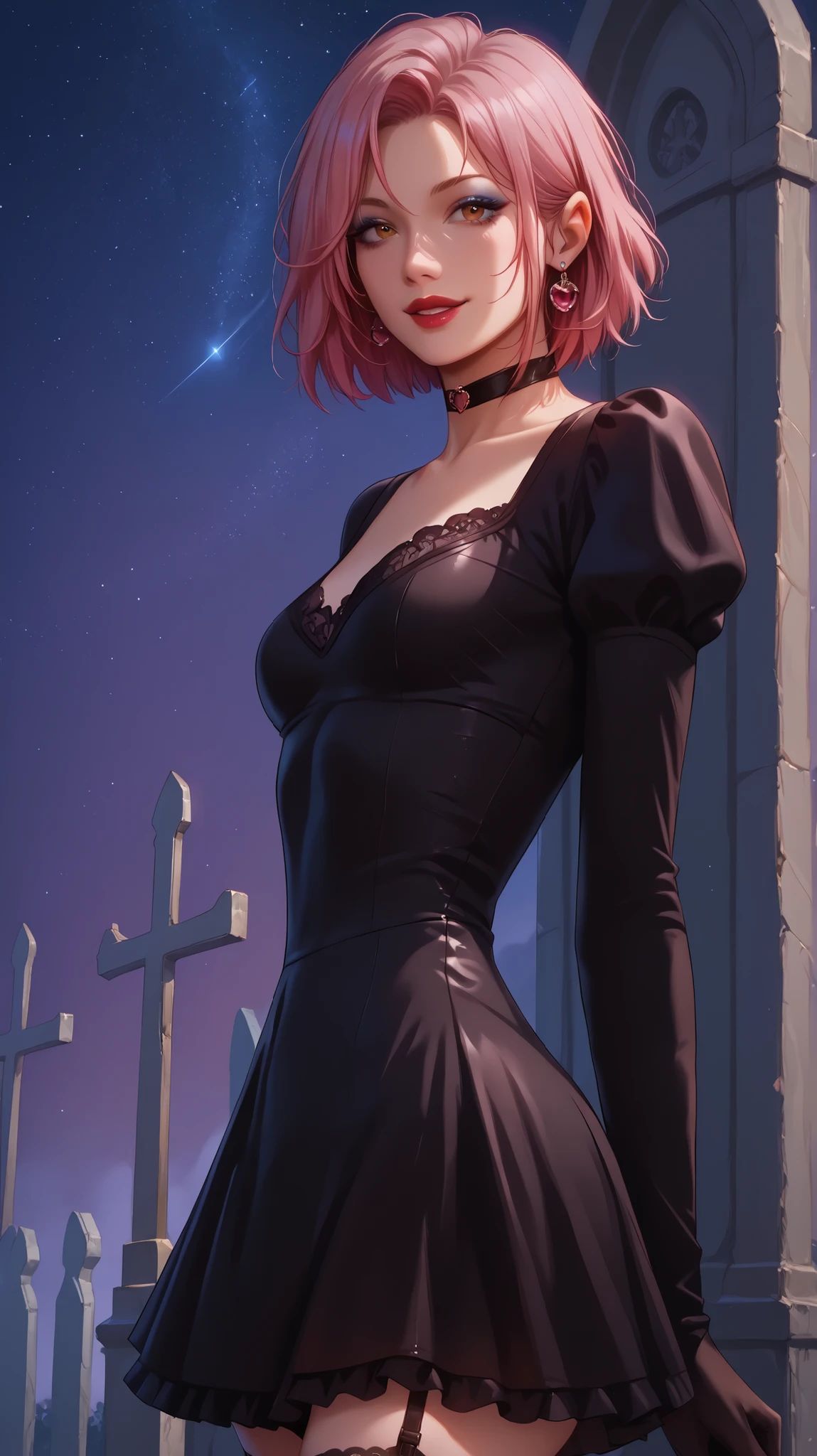 masterpiece, best quality, amazing quality, very beautiful, Absurd, latest, scenery, anatomically correct, 16k, UHD, accurate, expressive, {{1girl solo}}, illustration, masterpiece, ultra-detailed, {{detailed shading, detailed skin}}, {{realistic skin}}, BREAK,1 girl, pink hair, smiling, small breasts, gothic ta dress, stockings, black stocking, frilly skirt, red lips, makeup, blue eyeshadow, macabre smile, cemetery background, gorgeous face, detailed face, delicate features, standing, black heels, brown eyes, gloves, night, during the night, black choker, short hair, standing, from the waist up, mini skirt, garter belt, close up