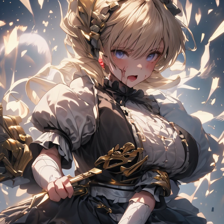 score 9, score 8 up, score 7 up, source anime, highest quality, very detailed, high resolution illustration, ultra high definition CG, 8K size wallpaper, (masterpiece), (highest quality), (ultra detailed), (best illustration), (best shadow), (absurd), (very aesthetic),(masterpiece, best quality:1.2),( 1girl), solo,16age,blond hair,long hair,(twintail hair),green-blue eyas,maid prinsecc、 female knight、 princessKnight、age１８,164cm,cute face,Damaged broken Swords in One Hand holding、(Scattered Armor Fragments、Scattered Clothes Fragments):1.8、clothes:(princess dress armor:0.5,maid uniform:0.5),Metal Armor、Tainted Armor、dirty clothes、tattered、Black Bras、Frilled Bras、Lace Bras、torn Glamorous prinseccdress skirt,braided hair,(cracked and chipped destroyed armor,): 1.5, (torn clothing,): 1.2,(fresh sword wounds with blood all over the body,): 1.2, (dirt and blood on the whole body, armor and clothes,): 1.2, (blood and wounds all over the body,): 1.1,The angle is slightly above the head,Royal Palace
 the gaze is towards the person looking at the illustration.