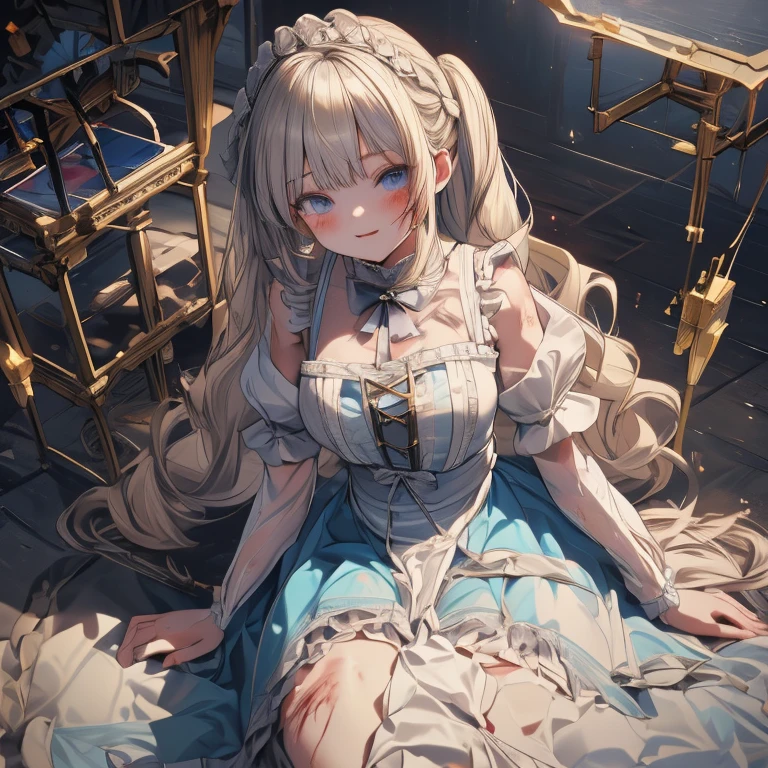 score 9, score 8 up, score 7 up, source anime, highest quality, very detailed, high resolution illustration, ultra high definition CG, 8K size wallpaper, (masterpiece), (highest quality), (ultra detailed), (best illustration), (best shadow), (absurd), (very aesthetic),(masterpiece, best quality:1.2),( 1girl), solo,16age,blond hair,long hair,(twintail hair),green-blue eyas,maid prinsecc、 female knight、 princessKnight、age１８,164cm,cute face,Damaged broken Swords in One Hand holding、(Scattered Armor Fragments、Scattered Clothes Fragments):1.8、clothes:(princess dress armor:0.5,maid uniform:0.5),Metal Armor、Tainted Armor、dirty clothes、tattered、Black Bras、Frilled Bras、Lace Bras、torn Glamorous prinseccdress skirt,braided hair,(cracked and chipped destroyed armor,): 1.5, (torn clothing,): 1.2,(fresh sword wounds with blood all over the body,): 1.2, (dirt and blood on the whole body, armor and clothes,): 1.2, (blood and wounds all over the body,): 1.1,The angle is slightly above the head,Royal Palace
 the gaze is towards the person looking at the illustration.