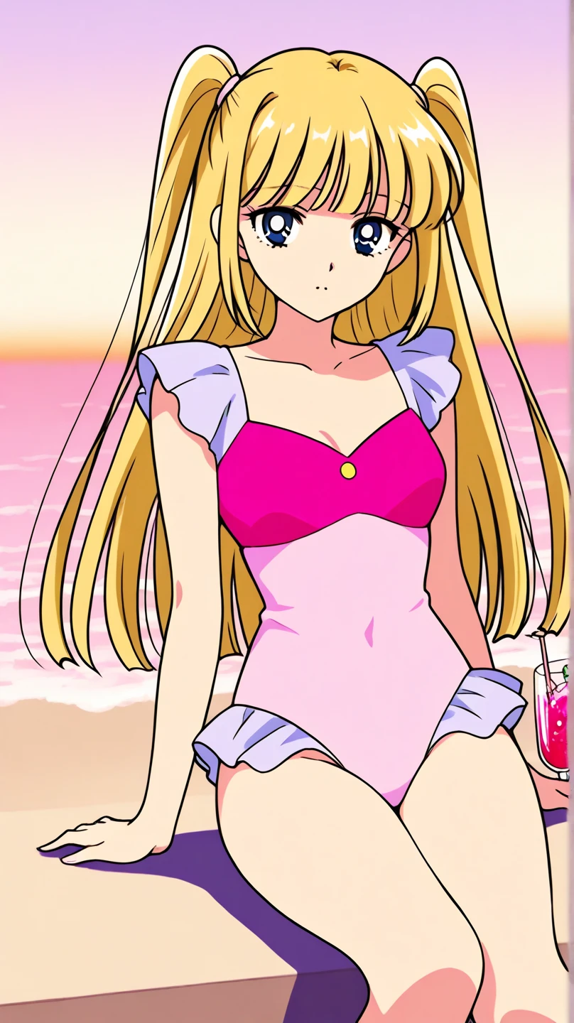masterpiece, (((best quality))), anime art style, Liliana, ((shoulder-length wavy blonde hair)), (blue eyes), (((large breasts))), (((pink bikini))), playing on the beach, navel uncovered, chest in sight, legs in the sand, (((full body sensual))), sensual body curves