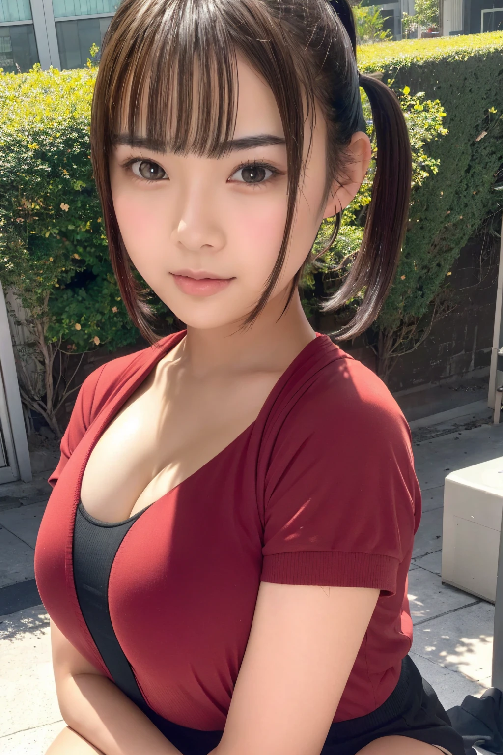 (highest quality,masterpiece:1.3,Ultra-high resolution),(Very detailed、Caustics) (Realistic:1.4, RAW shooting、)Ultra-Realistic Capture、Very detailed、Natural skin texture、masterpiece、(A Japanese woman wearing a red toweling tank top and tight skirt:1.3), Adorable expression、Expressions of happiness、14 years old、height: 160cm、Young Face、Amazingly cute、Twin tails、Straight hair、Scrunchie、Black Hair、light makeup、necklace、H-cup busty、Shining thighs、Skin Arm、Background details、smile、An inviting gaze、Anatomically correct、Cowboy Shot、Attention to detail、Photographed on the main street of a summer resort、Empty Hands、No underwear、
