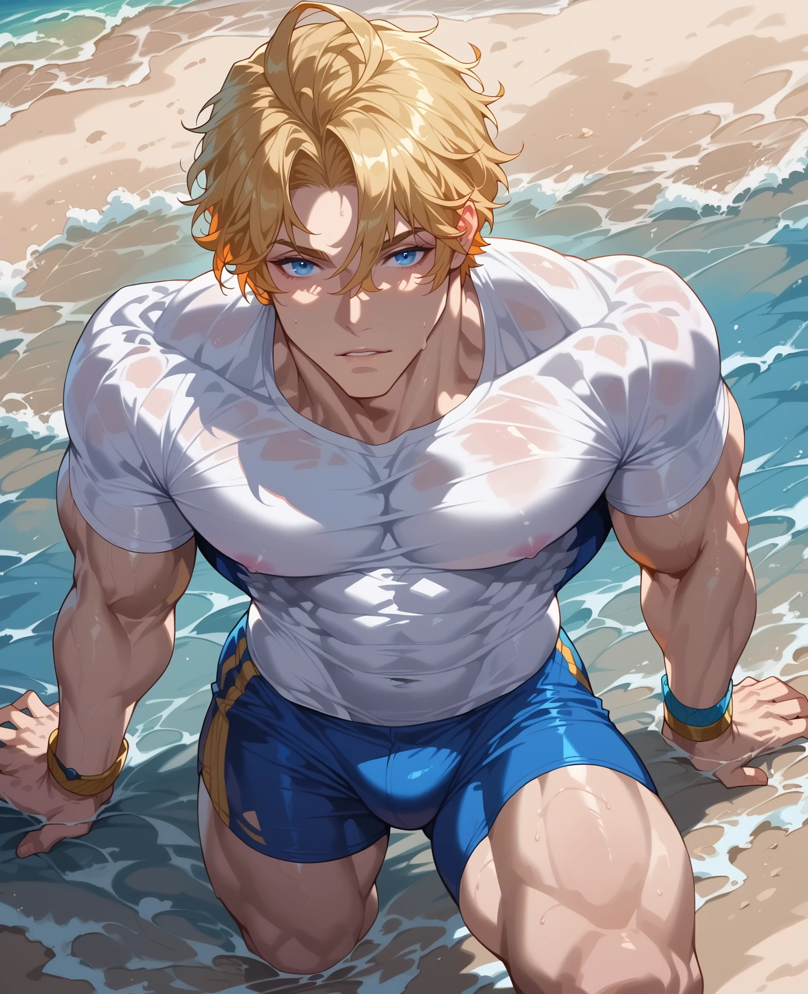 Poseidon,blond hair,blue eyes,hair between the eyes, score_9, score_8_above, score_7_above, Partes superiores, origin of the anime, Done , defined lines, colores vibrantes, high quality t-shirt BREAK art, a blond man on the beach wearing blue shorts, tight white transparent, huge pecotrales, muscles, Abdominals.