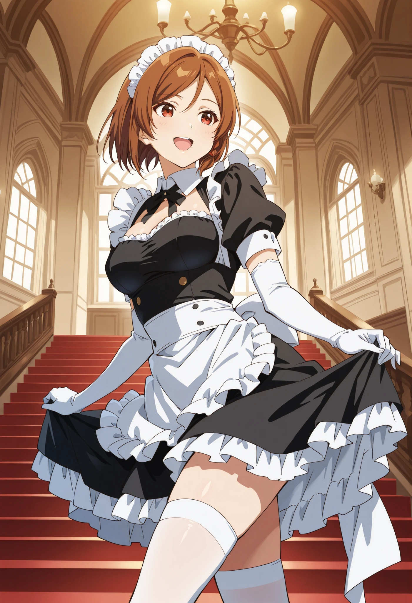 Score_9, score_8_up, score_7_up, source_anime, Sakuraimori Akane, solo, red eyes, brown hair, short hair, medium breasts, (best quality), (high quality), {masterpiece}, extremely delicate and beautiful, ultra-detailed, beautiful detailed eyes, maid, black maid costume, short sleeves, puffy sleeves, white headdress, white frilled apron, white elbow gloves, white thighhighs, mansion, indoor, smile, open mouth, standing