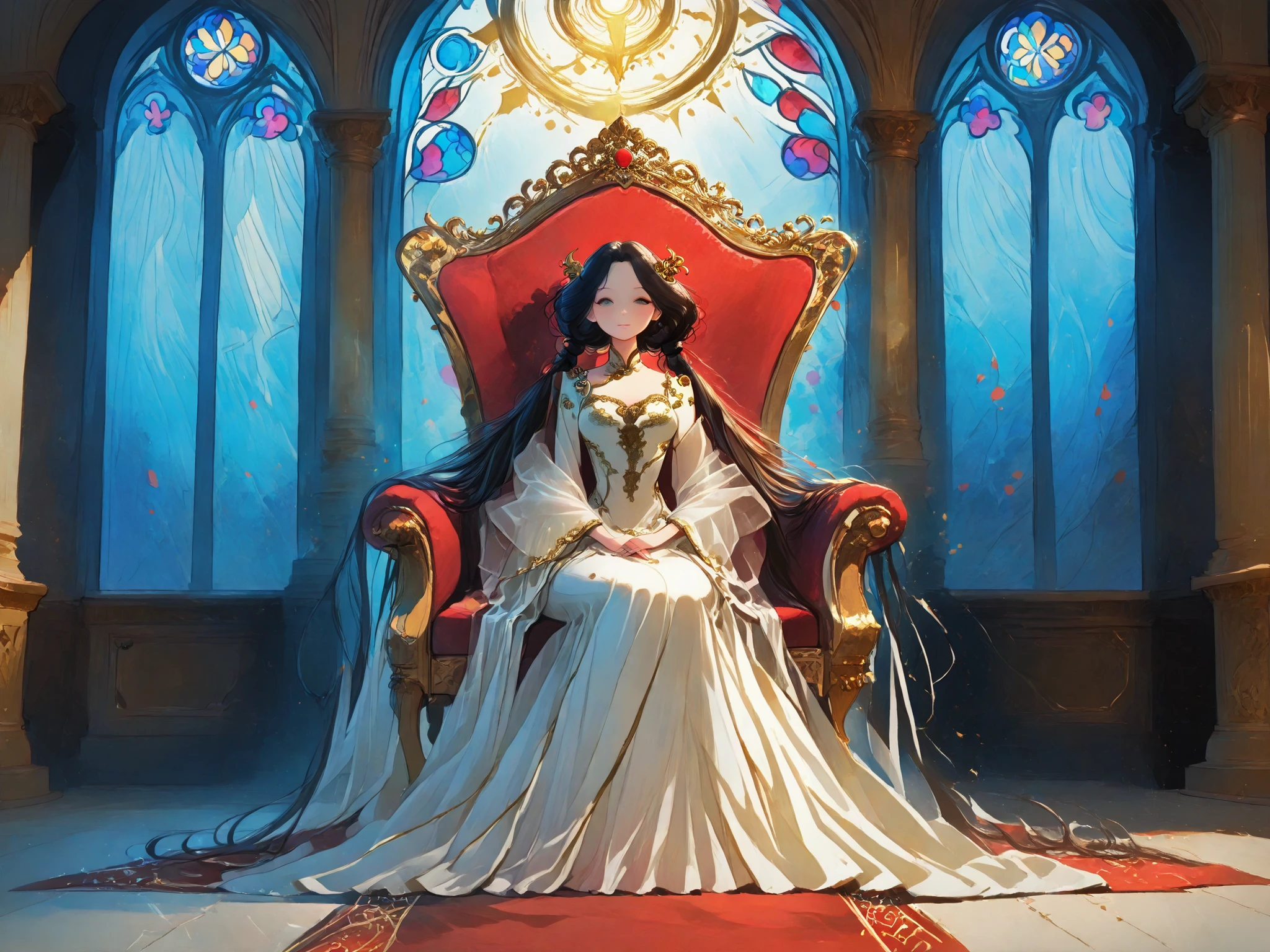 A majestic empress sitting on a grand, ornate throne, dressed in a luxurious royal gown adorned with intricate golden embroidery and gemstones. She has long hair styled into high twin ponytails, flowing gracefully down her shoulders, with elegant hair ornaments and silk ribbons. Her expression is calm and powerful, exuding authority and beauty. The throne room is vast, with tall stained glass windows, red velvet carpets, and golden pillars. A soft light shines through, giving her a radiant, divine aura.