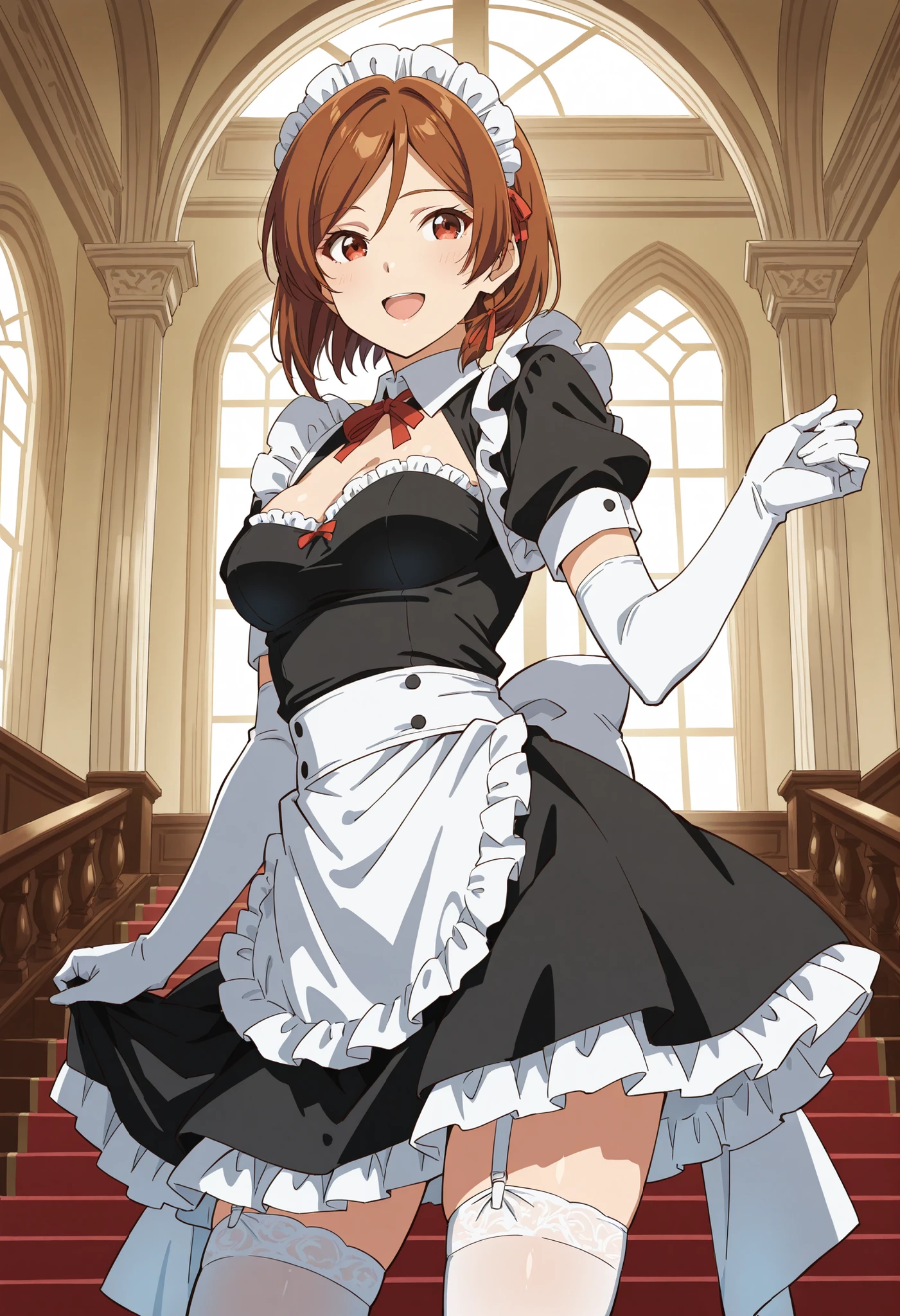 Score_9, score_8_up, score_7_up, source_anime, Sakuraimori Akane, solo, red eyes, brown hair, short hair, medium breasts, (best quality), (high quality), {masterpiece}, extremely delicate and beautiful, ultra-detailed, beautiful detailed eyes, maid, black maid costume, short sleeves, puffy sleeves, white headdress, white frilled apron, white elbow gloves, white thighhighs, mansion, indoor, smile, open mouth, standing
