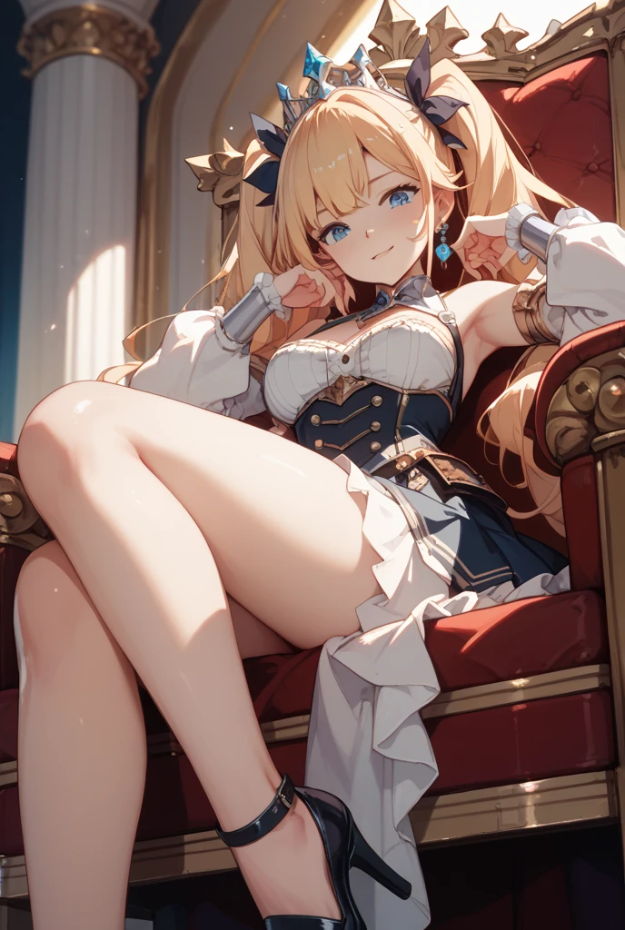 (The highest image quality, master piece:1.2), (Ultra Definition Illustration), (very young cute princess:1.3), (1 girl:1.2), Solo, (shoot from very below:1.3), (sleeveless gorgeous blue dress with roses:1.3), sitting on the throne chair, queen crown, Feet are lifting off the floor,.armpits, Full body, Round baby face, (Glasses, Blonde Short-Cut Hair:1.3), (white thigh high pantyhose:1.2), (Evil smile, mean expression), Luxurious palace rooms, Fancy Room, rpgroyalty,