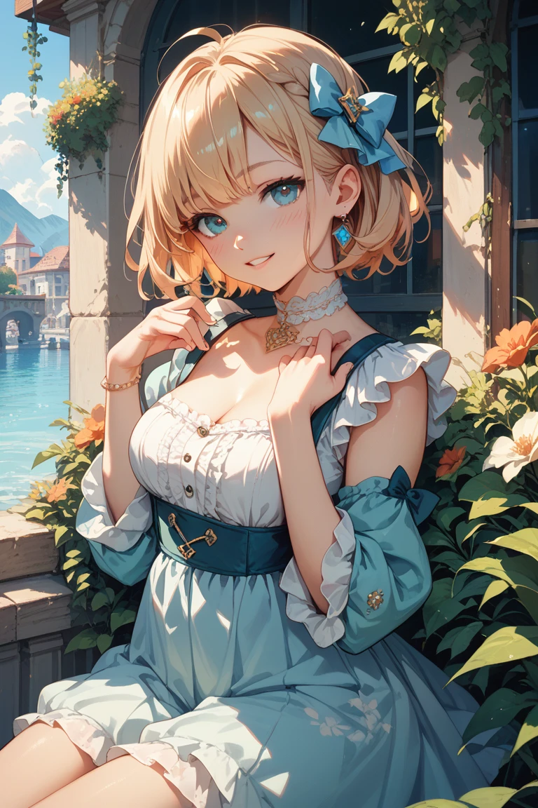 (masterpiece:1.2), (Highest quality:1.2),, Curvy but slender body, Perfect Eyes, Perfect Face, Perfect lighting, 1 girl, in the garden, （The whole body is visible），（walk），（Knitted sweater），（Cute gestures），（smile），（ponytail），Curly Hair, High Quality Clothing, Detailed outdoor background, Compensate, eye shadow, Thick eyelashes, Fantasy, Looking at the audience, whole body，Alice in Wonderland、blue sky、Bright and very beautiful face、Young and radiant white skin、Ultimate beauty、The most beautiful light blonde hair in the world、Thin Hair、short hair、beautiful shiny bangs、Big, clear, shining blue eyes、Very beautiful and adorable 17 year old girl, the most beautiful in the world、Small breasts
