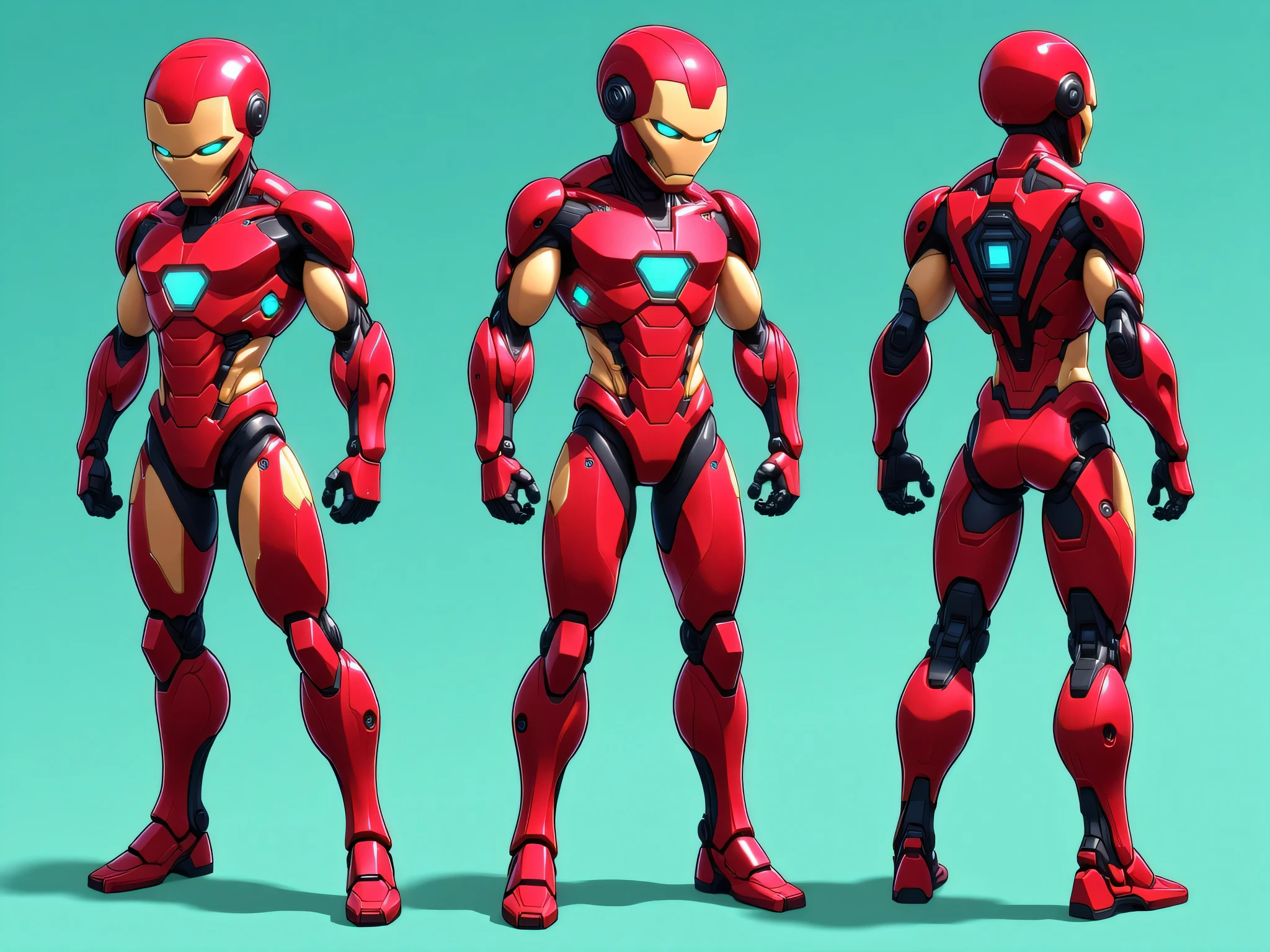 A 2D stickman character reference sheet featuring a futuristic superhero wearing a full red and gold classic model 3 Ironman-style armor with square arc reactor on chest. The character has a large, a big shiny red round spherical helmet with glowing green digital face features and expressive anime-style eyes. The armor is sleek and segmented, glowing lines on the limbs, and a bulky, athletic build. The design includes front, side, and back views. Background is flat teal. Style is anime-mecha with clean lineart, bright lighting, and vibrant coloring. Highly detailed.