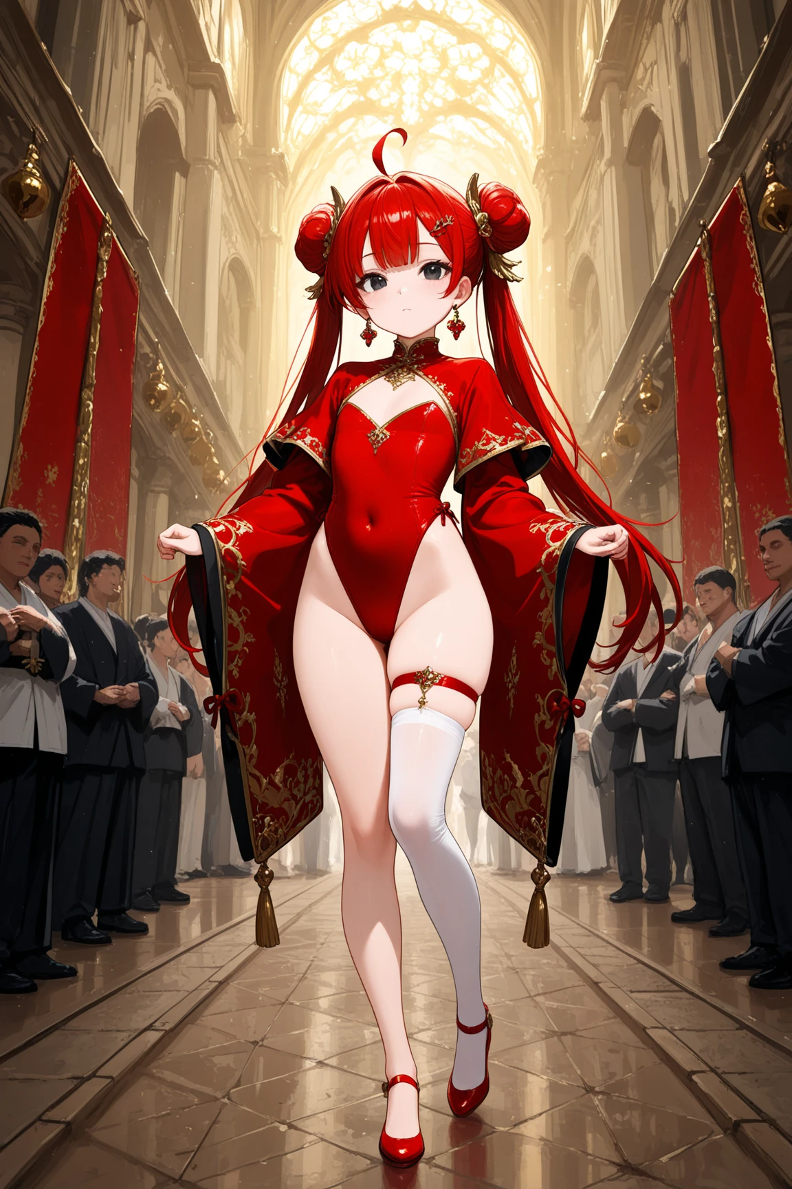 8k, best quality, masterpiece, clear, professional lighting, beautiful face, 1girl, solo, long hair, long sleeves, hair ornament, jewelry, thighs, earrings, red hair, Flat Chest、shoes, wide sleeves, white thighhighs, black eyes, thigh strap, covered navel, single hair bun, red footwear, single thighhigh, highleg leotard, single side bun, red leotard、Twin tails, ahoge, empire, cute empire, queen costume leotard, kingdom, crowd
