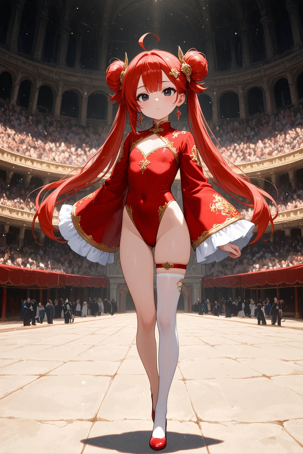 8k, best quality, masterpiece, clear, professional lighting, beautiful face, 1girl, solo, long hair, long sleeves, hair ornament, jewelry, thighs, earrings, red hair, Flat Chest、shoes, wide sleeves, white thighhighs, black eyes, thigh strap, covered navel, single hair bun, red footwear, single thighhigh, highleg leotard, single side bun, red leotard、Twin tails, ahoge, empire, cute empire, queen costume leotard, kingdom, crowd