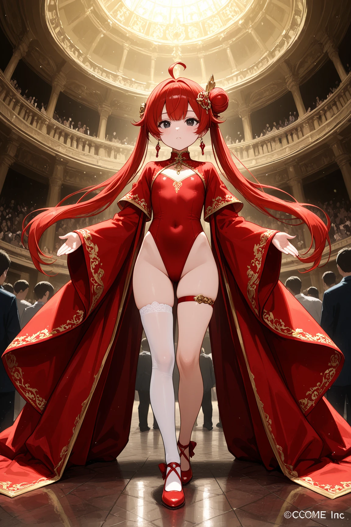 8k, best quality, masterpiece, clear, professional lighting, beautiful face, 1girl, solo, long hair, long sleeves, hair ornament, jewelry, thighs, earrings, red hair, Flat Chest、shoes, wide sleeves, white thighhighs, black eyes, thigh strap, covered navel, single hair bun, red footwear, single thighhigh, highleg leotard, single side bun, red leotard、Twin tails, ahoge, empire, cute empire, queen costume leotard, kingdom, crowd