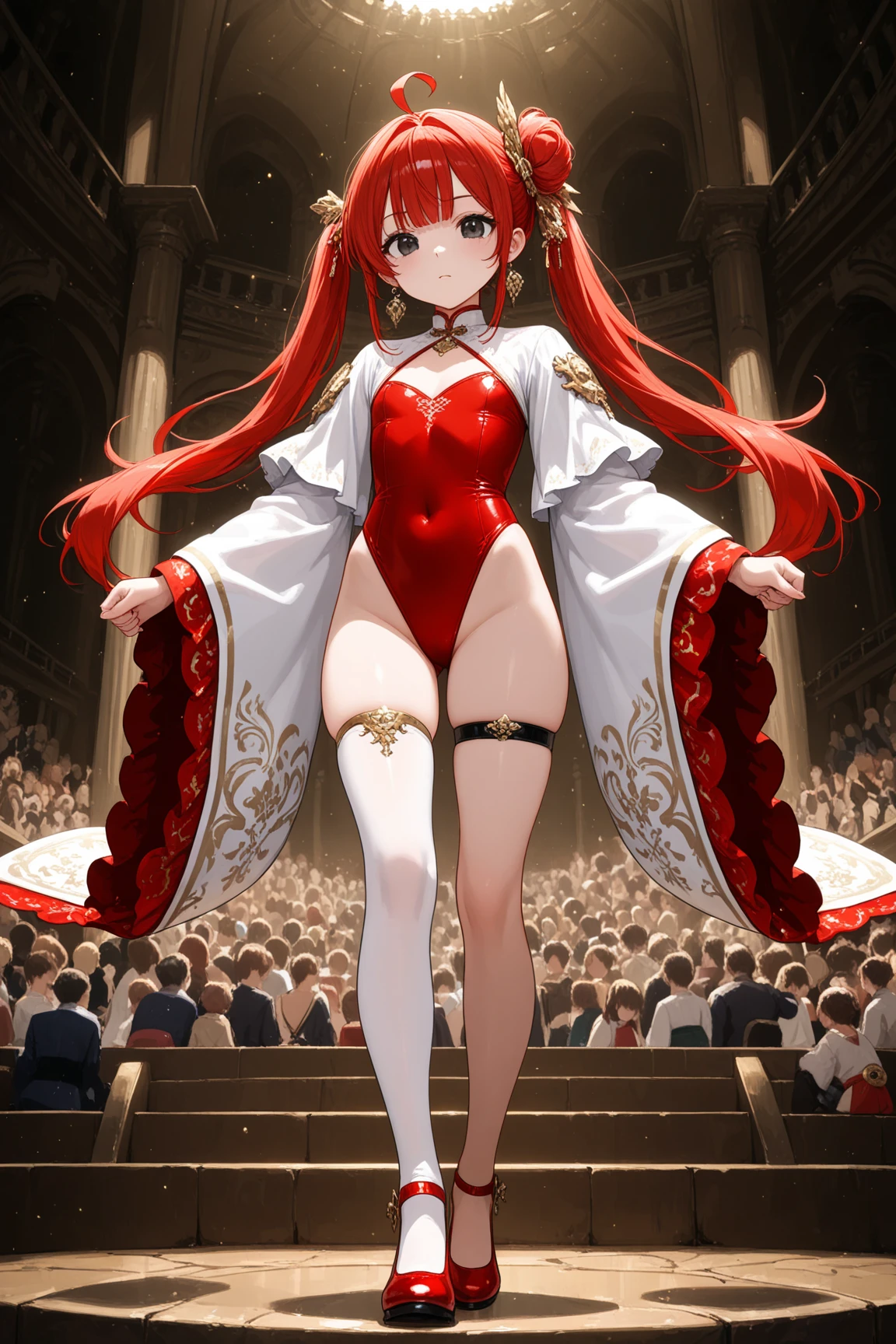 8k, best quality, masterpiece, clear, professional lighting, beautiful face, 1girl, solo, long hair, long sleeves, hair ornament, jewelry, thighs, earrings, red hair, Flat Chest、shoes, wide sleeves, white thighhighs, black eyes, thigh strap, covered navel, single hair bun, red footwear, single thighhigh, highleg leotard, single side bun, red leotard、Twin tails, ahoge, empire, cute empire, queen costume leotard, kingdom, crowd