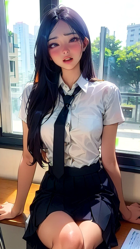 high resolusion, ultrasharp, 8k, obra maestra, nagatoro, schoolwear, tetas medianasy sexys, perfil, pezones grandes, apoyada en la silla, camisa apretada
