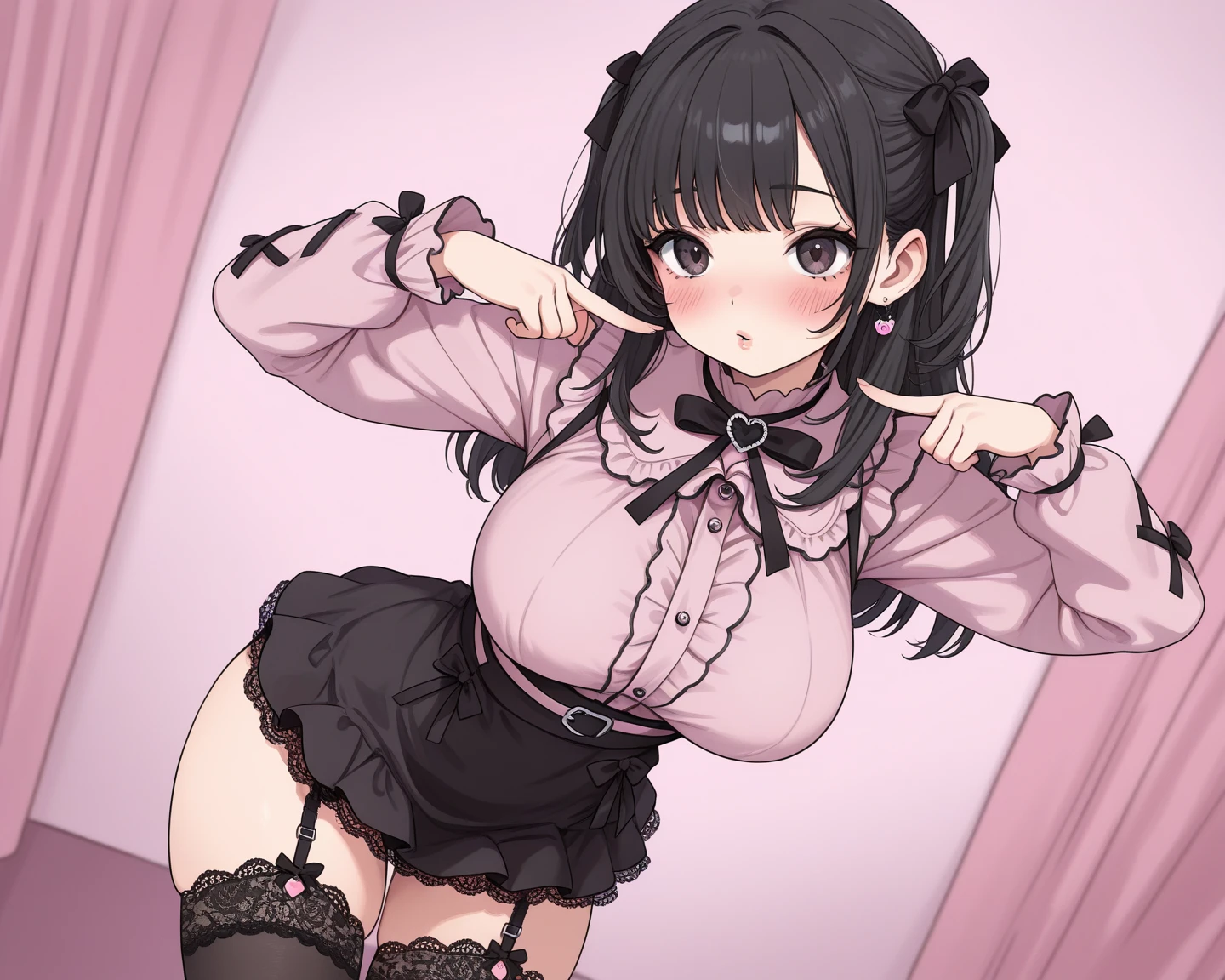 (NSFW:1.3),(masterpiece:1.2), (Highest quality),(Open your mouth)、front、 whole body, Beautiful Skin, Super fine, Highest resolution、(Black Hair:1.4)、(Short Hair:1.2)、blue eyes、(indoor)、Patsun Hair、(blush:1.1),(Realistic), 1 girl, Laugh with your mouth open、A scornful smile、(Pink Skirt:1.1)、(Hair Clip:1.1)、(Two Side Up:1.2)、(Pale pink ruffled shirt:1.2)、choker、Long sleeve、Moe sleeves、(Clothing:1.3)、(White knee socks),(Cleavage:1.1)、(Super big breasts:1.2)、Budding breasts、Rocket 、Firm breasts、Heart symbol、Lolita、Brat、(Lolita:1.3)、Baby Face、Young face、Zaako、Brat系、underwear、(White bra:1.2)、(白いunderwear)、女性underwear、Large areola、(Beautiful underboobs)、(View from below)、Spread your leg-shaped legs、Thin thighs、Thin legs、Panty shot