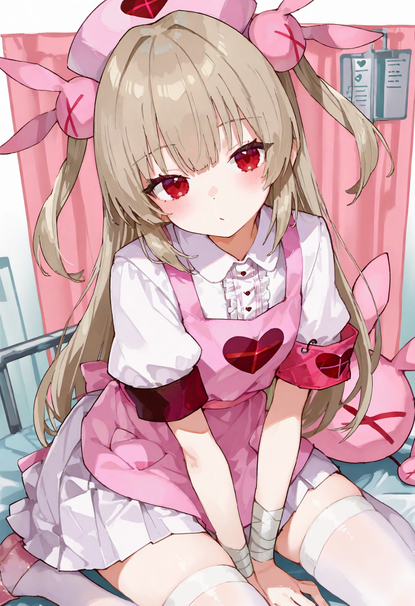 natori sana, virtual youtuber, red eyes, light brown hair, long hair、
two side up, nurse cap, hair ornament, pink apron, heart, center frills, collared shirt, white shirt, puffy short sleeves, armband, pleated skirt, white skirt, white thighhighs, pink footwear