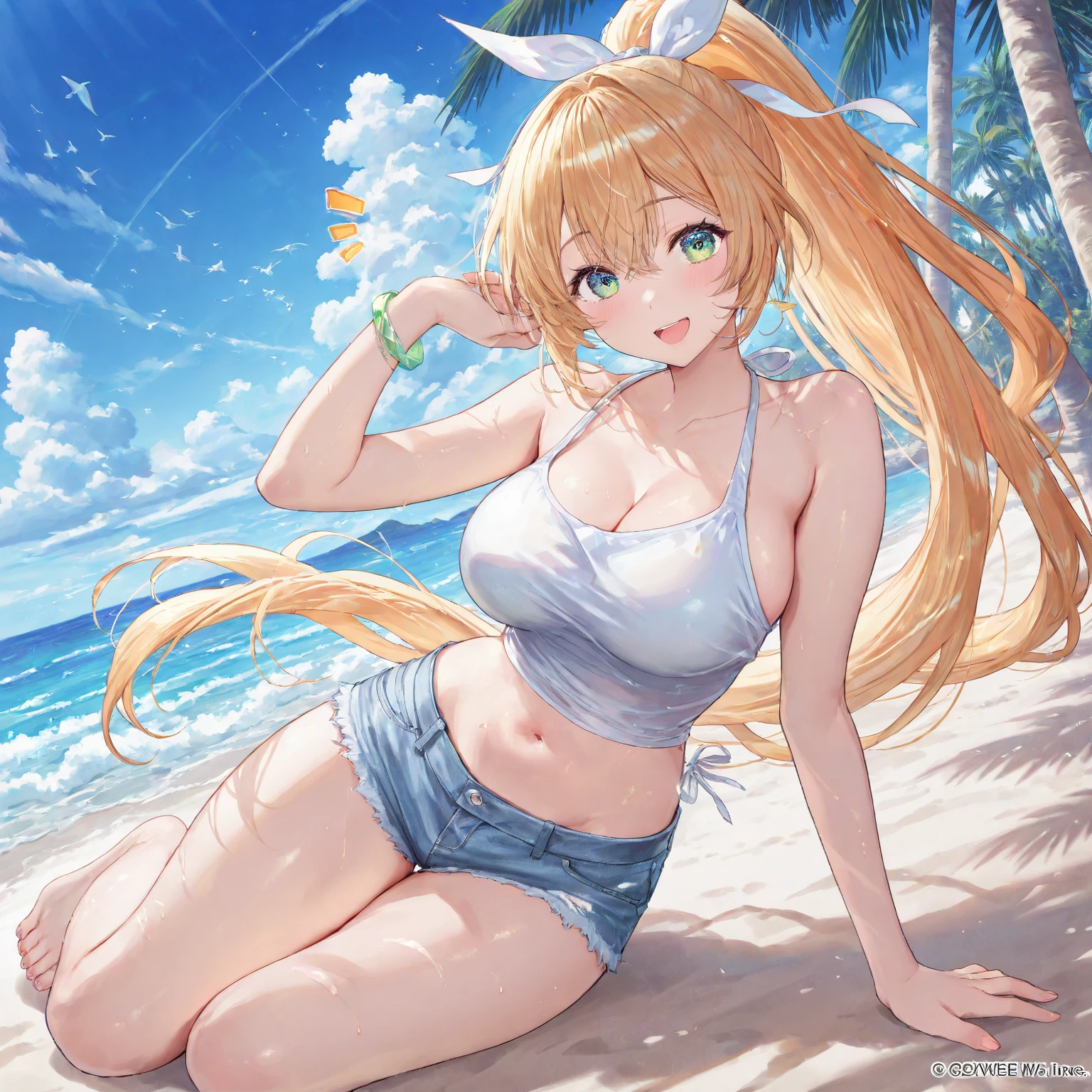 sandy beach,cocktail,white sun hat,forehead,yellow hair,extremely long hair,wavy hair,denim shorts,white bikini