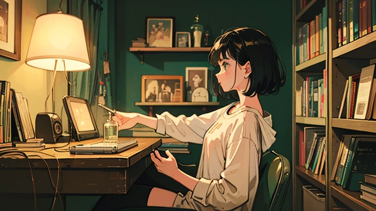 a young boy studying in his room while listening to music on a rainy day, beautiful detailed eyes, beautiful detailed lips, extremely detailed eyes and face, long eyelashes, focused expression, sitting by the window, rain outside, warm lighting, cozy atmosphere, relaxed pose, ambient music, digital art, cinematic lighting, photorealistic, 8k, hyper detailed, masterpiece, vibrant colors, soft lighting, atmospheric, moody, contemplative