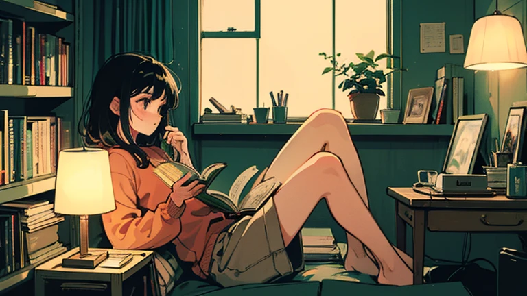 The brunette girl was alone in her bedroom,Reading a book,mini skirt,Attractive legs,Sad face