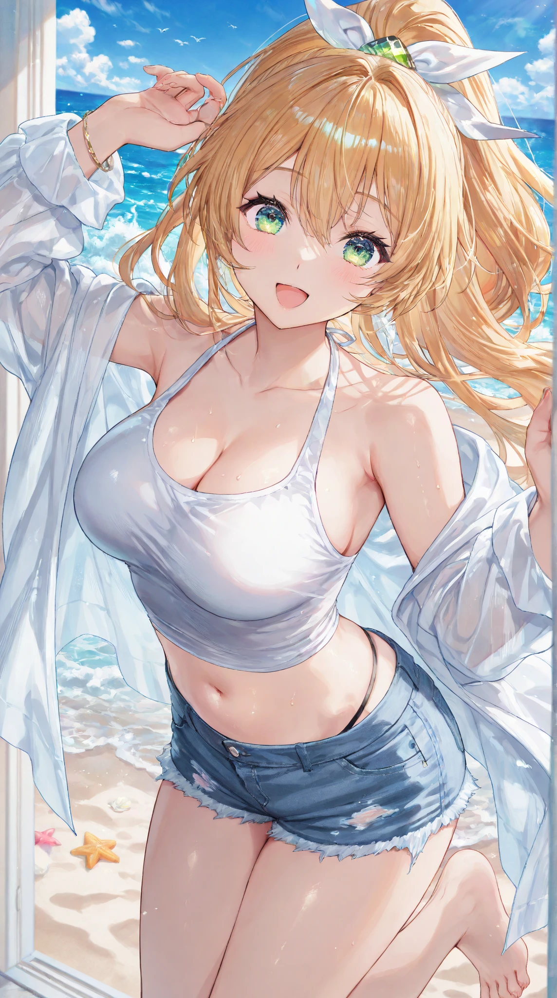 (best quality, masterpiece), 1 girl, Middle-aged woman，微lol, lol, ocean, crop top, shorts, blonde, freckle, blush, looking at the audience, curls, cloud, splash, wave, sun, Mountain, wet