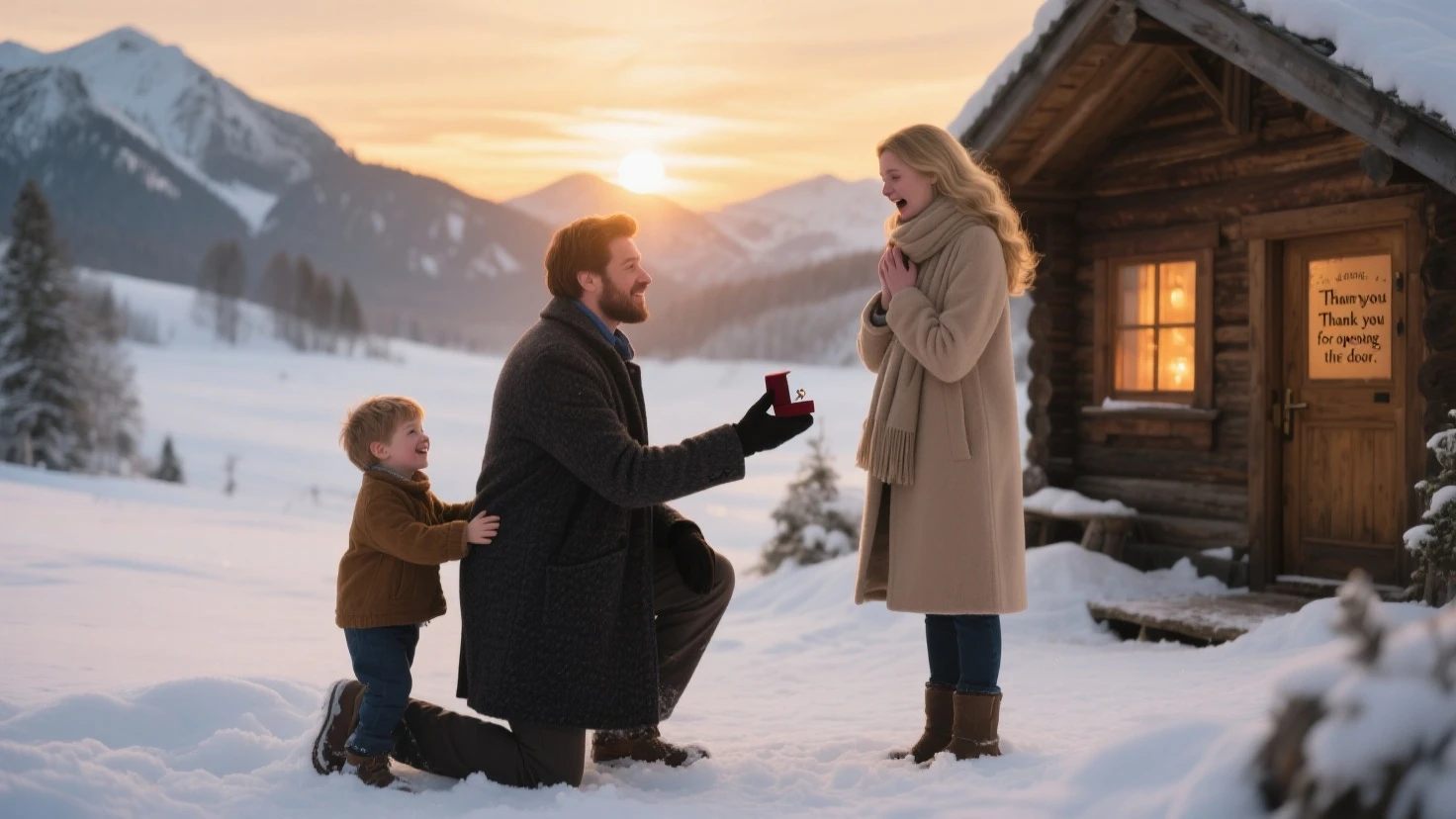 a couple, The man is facing away and the woman has short blonde hair wearing a white country dress with straps, the baby in the arms of the man with a blue dress and white brooch, on a balcony overlooking a landscape of snowy mountains