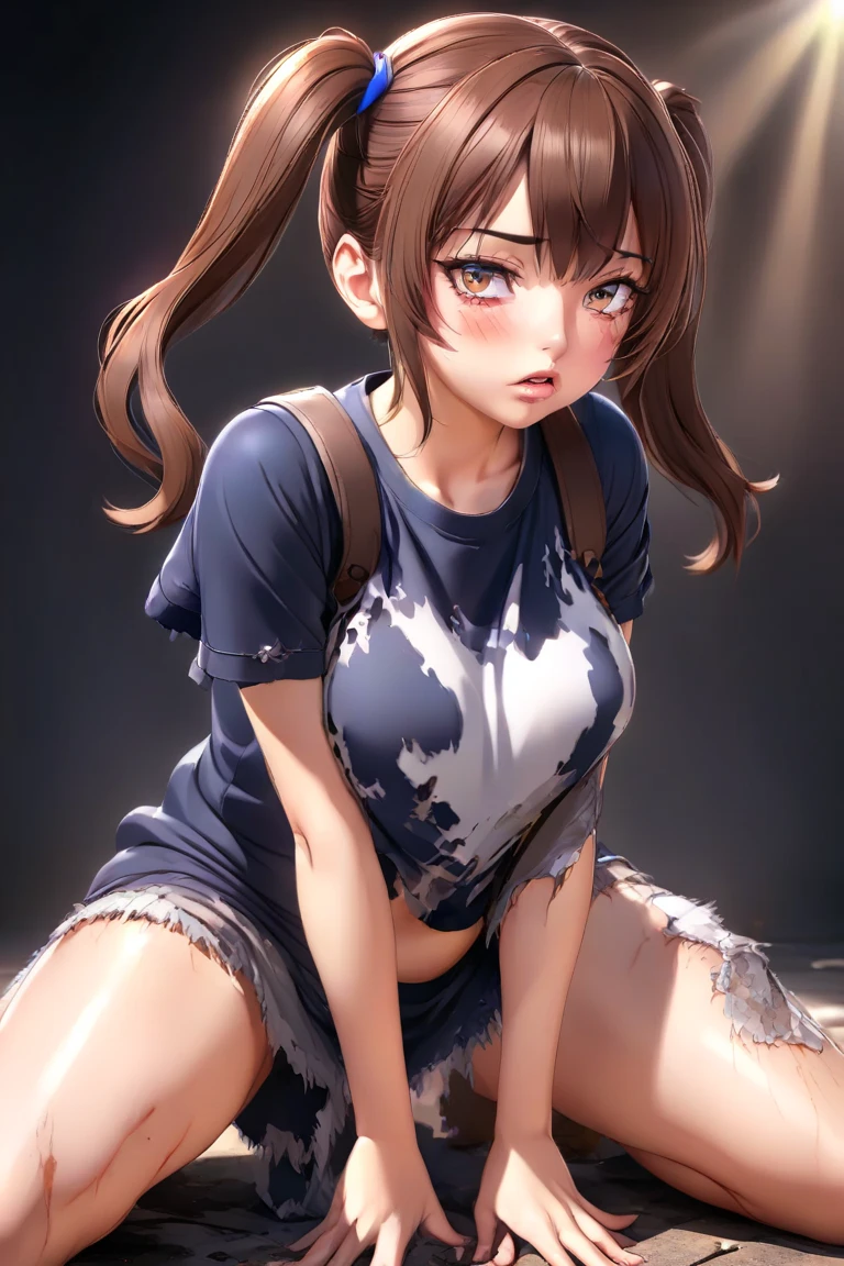 Perfect Face、Asuka Langley、Ample breasts、Slim fit、Large shirt for men、Do not close the button、The lower body is underwear、Crouching、Camera is viewed from above、looking at the camera、Bloated and angry、Blushing