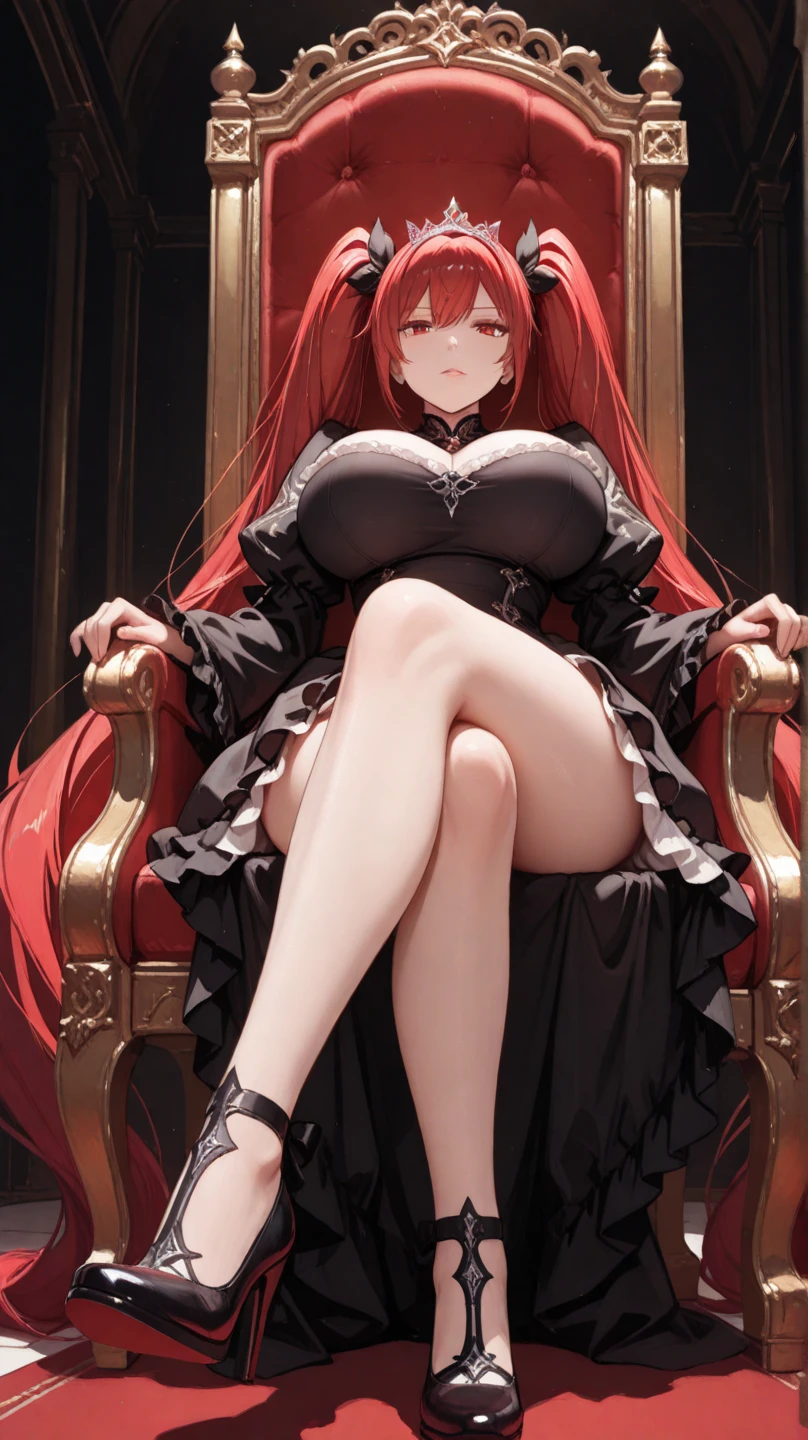 (masterpiece, highest quality, super detailed, best shadow), (detailed background), (beautiful and detailed face), high contrast, ((cinematic light)), colorful, hyper detail, intricate details, Depth of bounds written, 1 girl, alone,red hair, (ara ara mature femdom look), whore whore slut, Requires expression, domineering, domineering, seductive, (perfect beautiful face), from below, sitting