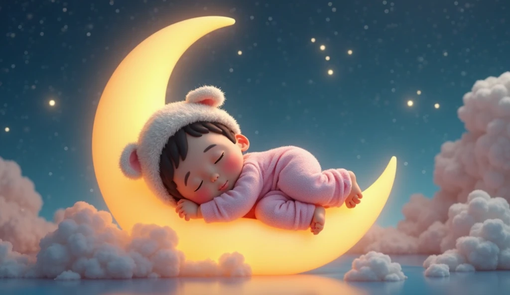 Create a CD cover featuring a serene night scene with a smiling moon and twinkling stars in a deep blue sky. Below, a baby sleeps peacefully in a crib surrounded by soft, glowing clouds. Gentle, pastel colors and whimsical illustrations create a calming and soothing atmosphere