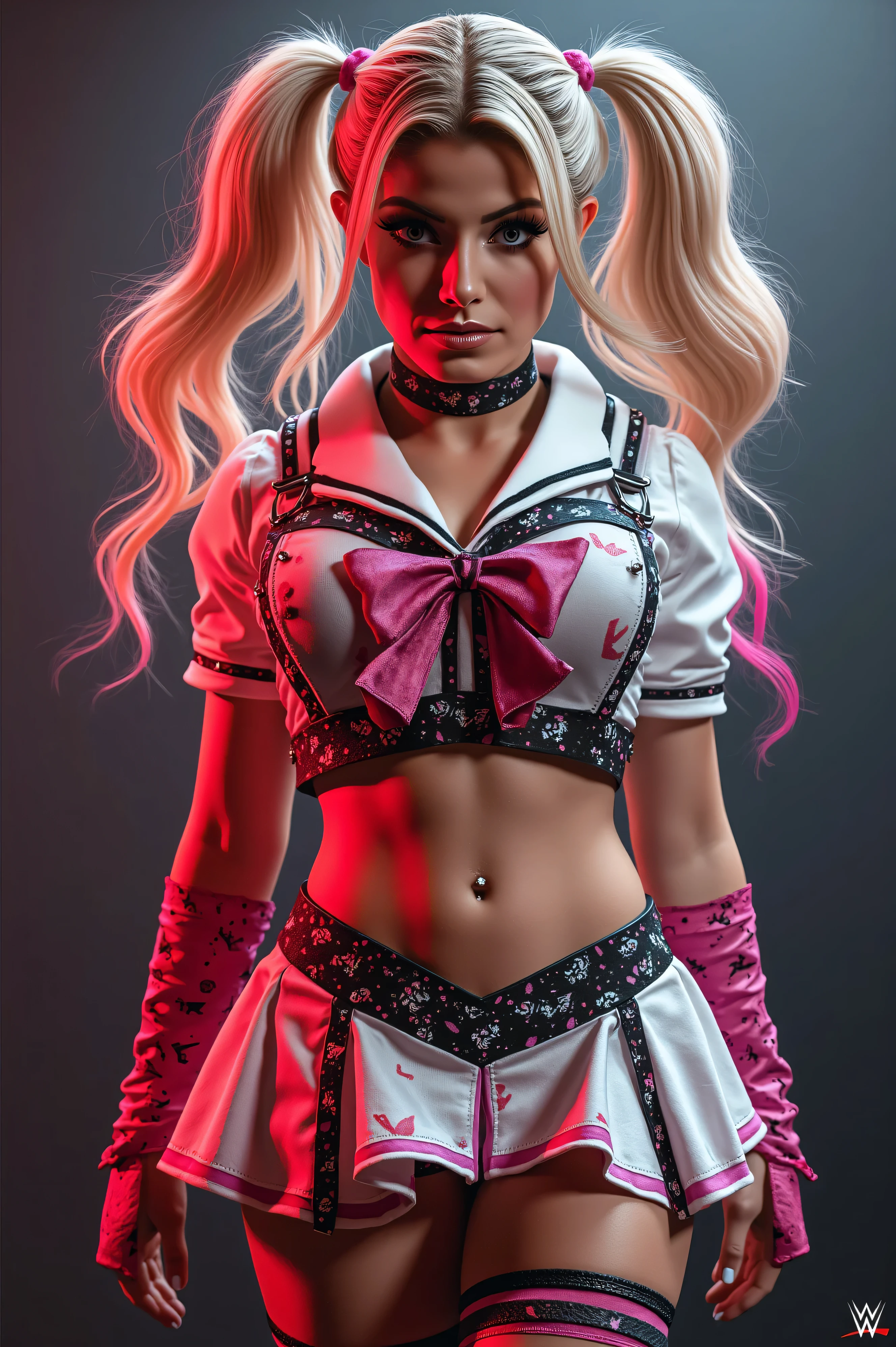 Alexa Bliss, ( masterpiece, resolution 4k, Ultra-realistic) blonde hair twintails with pink tips, wearing a sexy schoolgirl outfit, ready to be punished