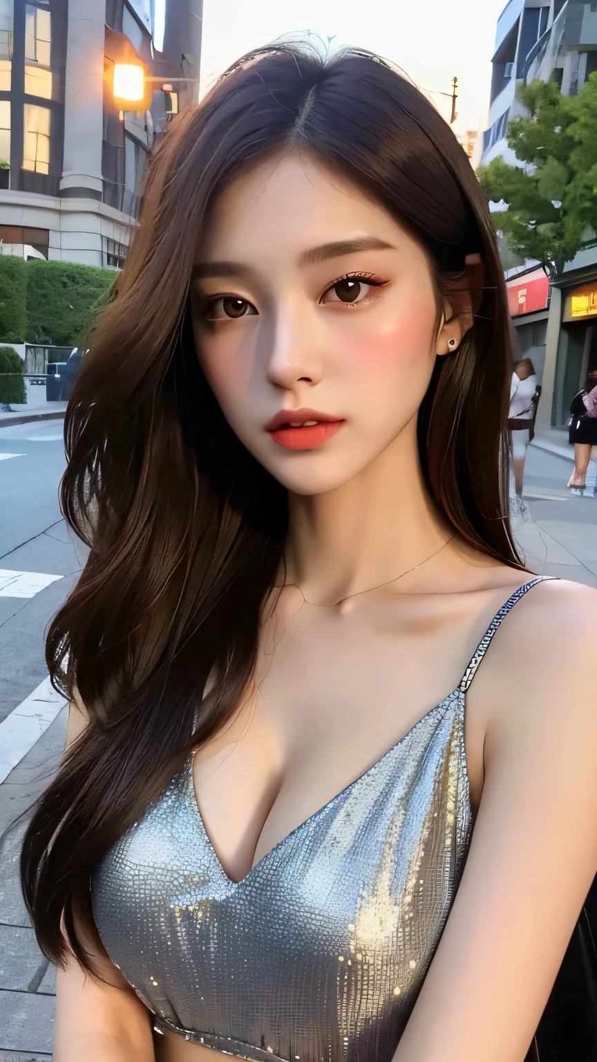 Urban beautiful girl college student, masterpiece, (Browsing Caution:1.5)、light makeup, Red lips, Silver Hair, Disheveled long hair, Street background, beautiful, elegant. Extremely fine detail, Master Works, Authentic texture, Realism in film lighting, Perfect job, 16K, High resolution, exquisite features,blue eyes、Japanese Idols、beautiful顔、Cute Smile、Brown Hair、beautiful hair、ponytail、glamorous、 Big Breasts、Erect nipples、Greasy muscle、Glowing Skin、Sunburned skin、Shining black skin、Wearing a bra top and thong, Bright big eyes, Smooth Skin, Earrings, necklace, tattoo、
