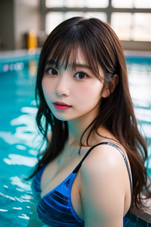table top, highest quality, shape, Super detailed, finely, High resolution, 8k wallpaper, 完璧なダイナミックな構shape, inside the pool, beautiful and detailed eyes, swimsuit,bikini, ランダムなcute髪,,natural color lip, bold sexy pose,smile、20 year old girl、cute、sexy shot looking at camera,Always blur the background,perfect and beautiful face,Take only the face,beautiful and detailed face、slim face and style,Big eyes、Do gal makeup