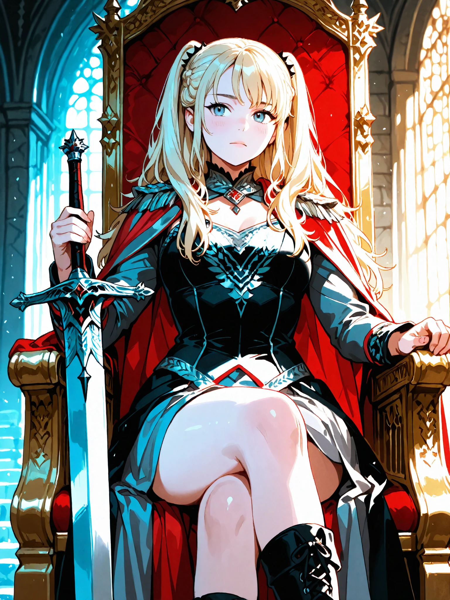 girl, GOTDaenerys, 1girl, blonde hair, long hair, hair is arranged in two high side ponytails, sits on a throne made of swords.