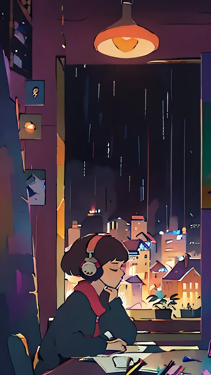meditating in her room, dream, wear headphones, night light, Neon scenery on a rainy day, analog color theme, lo-fi hip hop , retrospective exhibition,  flat at honny, 2.5d ,Draw a line, Ink drawing, Large incline, watercolor, Goosh Colors, Studio Ghibli Style, Great colors, Outerton, Krautrock, Lofi Art,  70s Style,Old Texture, ,psychedelic atmosphere, masterpiece, Amazing Technology ,