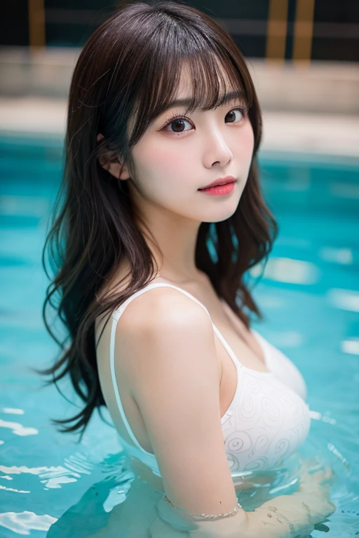 8k、RAW Photography、top-quality、​masterpiece:1.2)、(realisitic、Photorealsitic:1.37)、ultra-detailliert、超A high resolution、Raw photo、Dark hair、glowy skin、WET BODY、Dramatic Writing、15yo student、Slender figure:1.1、Firm abs、hyperdetailed face、Detailed lips、二重まぶた、Erotic Poses、1 girl in、beatiful detailed eyes、floting hair、bangss、Skin Texture、narrow waists、Slim waist、(Curve:0.4)、thighs thighs thighs thighs、电影灯光、profetional lighting、school swimming pool、a miniskirt、Large valleys、Show pale lace blue underwear、Wearing a uniform、low angles、Peeling off、Open your crotch、M word、pantyshot、Full view of buttocks、The body of the stubborn、large boob、big butts、Buttocks protruding from the skirt、