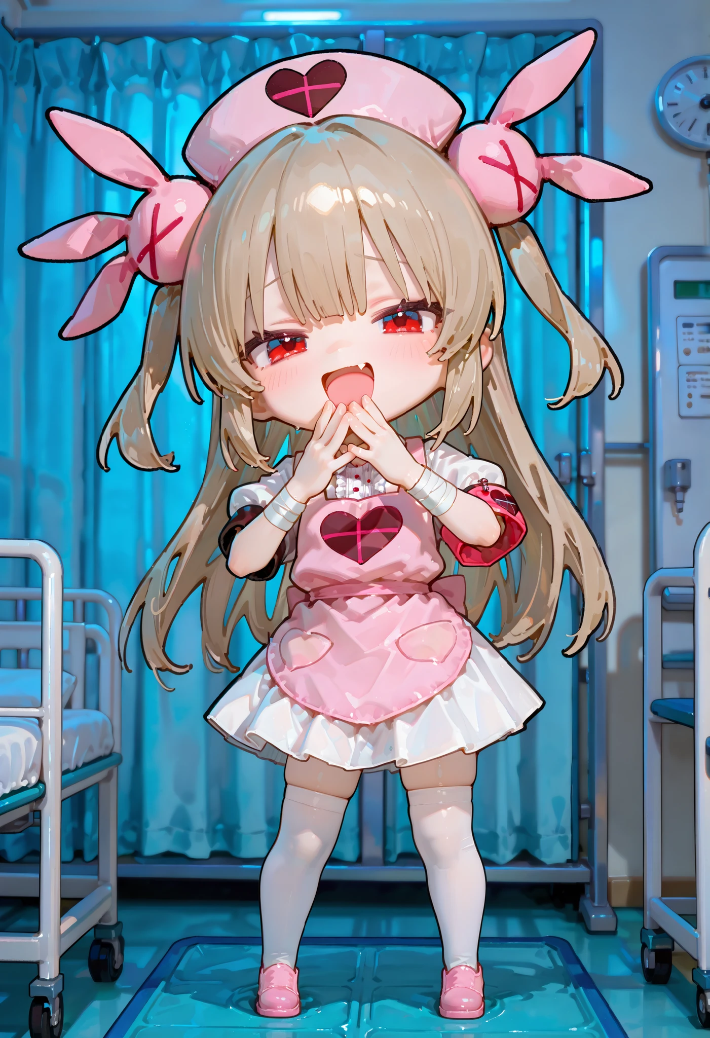 natori sana, red eyes, Hospital room。Standing。 deformed illustration。 big head。hands around your mouth。laughing