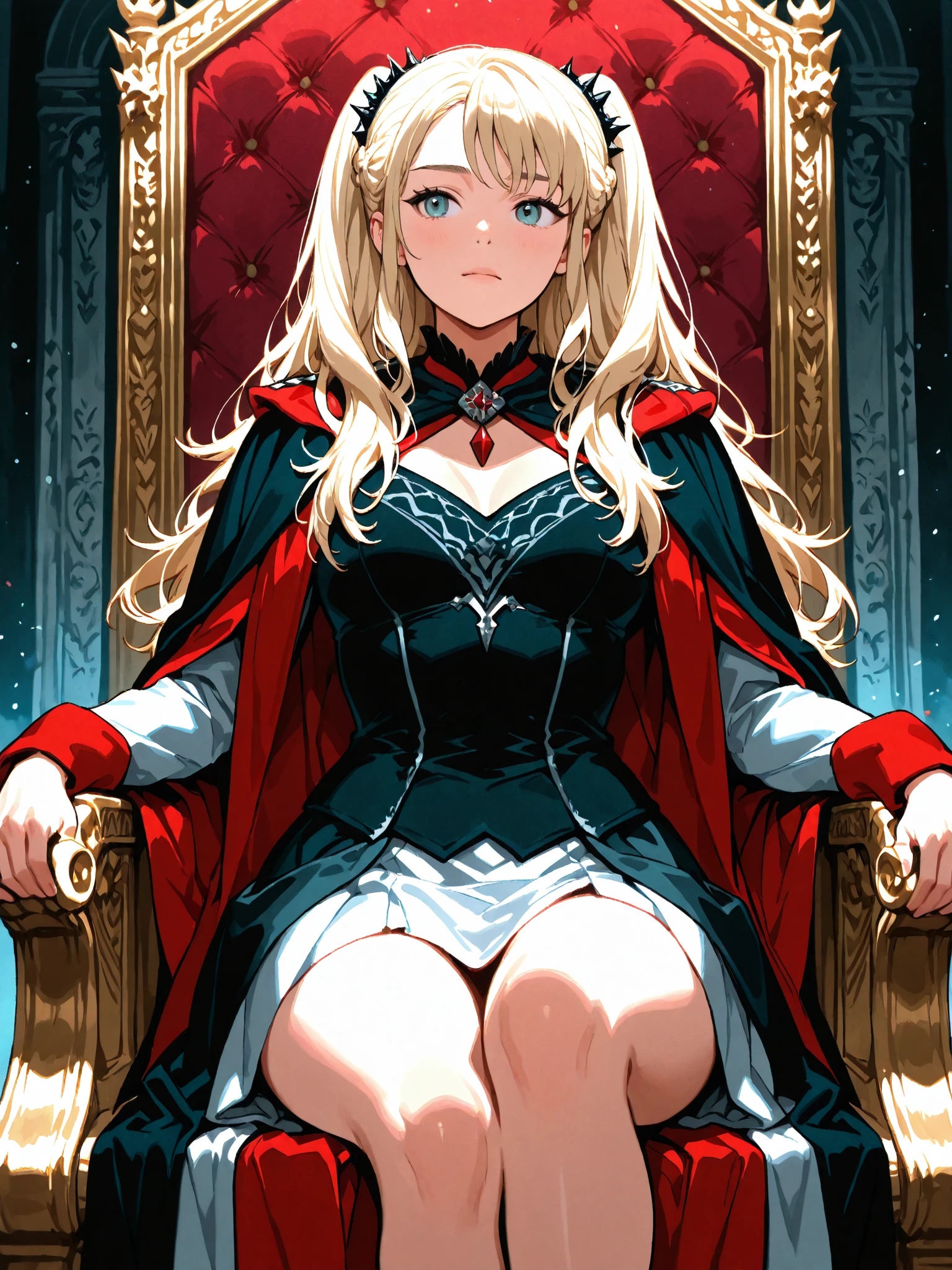 girl, GOTDaenerys, 1girl, blonde hair, long hair, hair is arranged in two high side ponytails, sits on the throne.