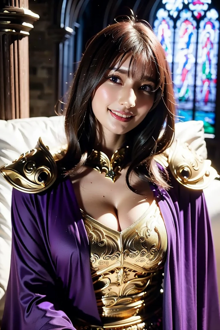 (nsfw), sexy golden Thai princess, only 1 female, ((doll-like appearance)), short neon purple stylish hair, ((shiny Victorian-Style boots)), (big smile), ultra detailed eyes, vivid golden eye makeup, lipgloss, long lashes, defined eyebrows, ((sexy golden Paradise Kiss cosplay)), bell-shaped skirt, petticoats, high neckline, puffed sleeves, ((ultra detailed golden lace)), ((ultra detailed golden embroidery)), intricate details, golden Paradise Kiss accessoires and matching golden headpiece, golden choker, ((large sparkling golden Paradise Kiss jewelry)), cinematic light, detailed large park background with trees